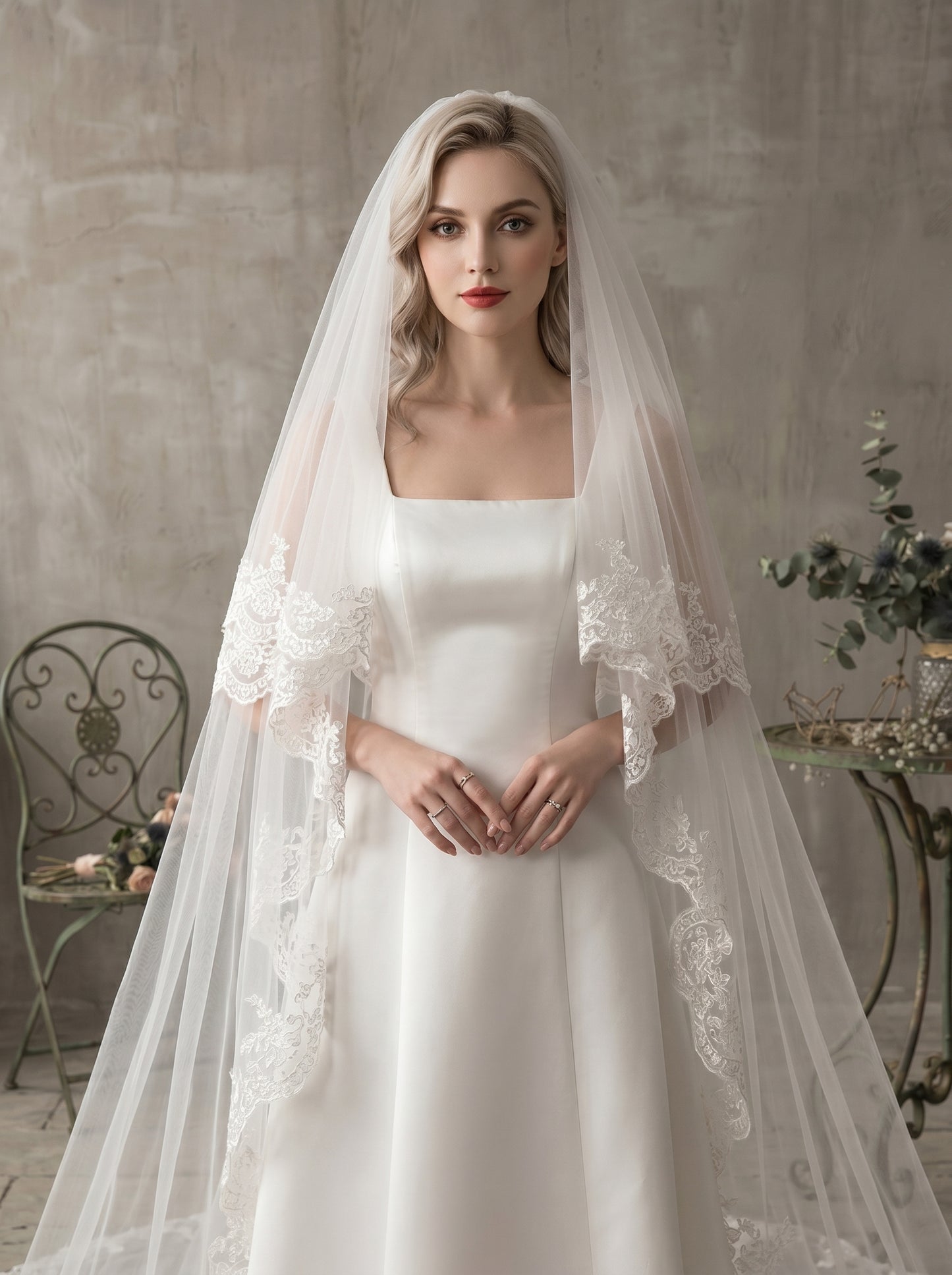 Royal 3.8M Grand Cathedral Veil with Blusher - 150" Extra Wide Milk White Swiss Tulle Wedding Veil with Comb, Heavy Baroque Lace Applique Bridal Veil LUNA-X74