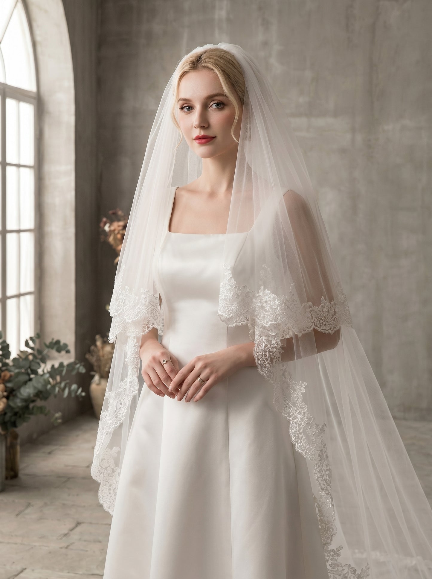 Royal 3.8M Grand Cathedral Veil with Blusher - 150" Extra Wide Milk White Swiss Tulle Wedding Veil with Comb, Heavy Baroque Lace Applique Bridal Veil LUNA-X74