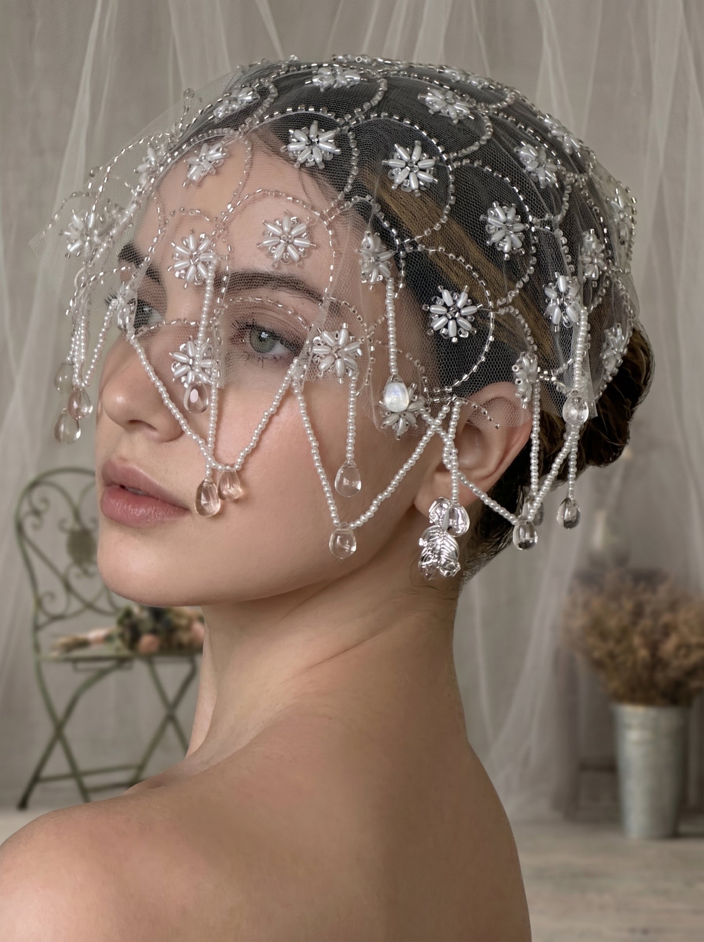 Vintage 1920s Juliet Cap Wedding Veil - Milk White Stiff Tulle Bridal Hair Cap, Luxurious Art Deco Pearl Starburst Headpiece with Teardrop Tassels  LUNA-X88