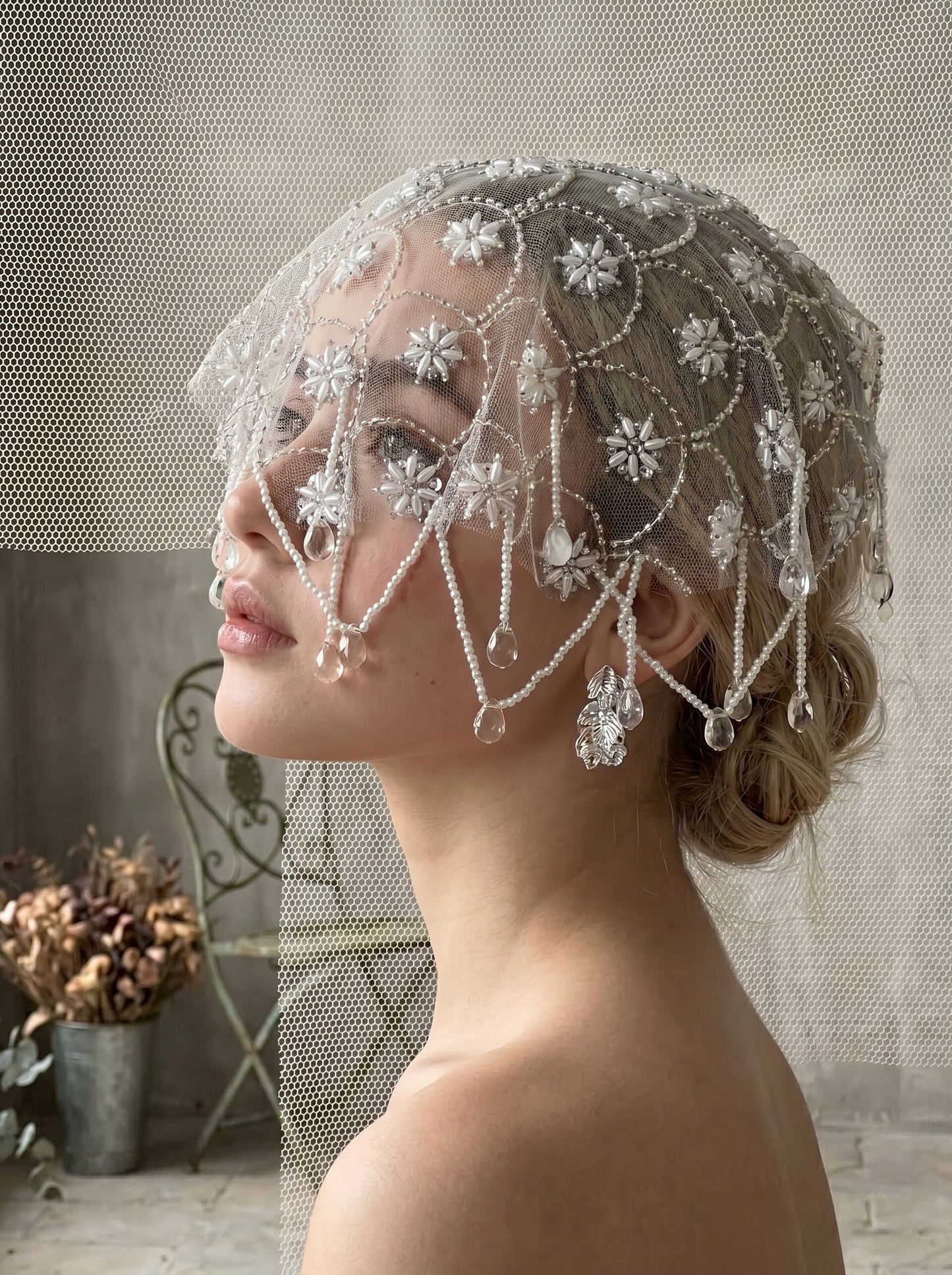 Vintage 1920s Juliet Cap Wedding Veil - Milk White Stiff Tulle Bridal Hair Cap, Luxurious Art Deco Pearl Starburst Headpiece with Teardrop Tassels  LUNA-X88