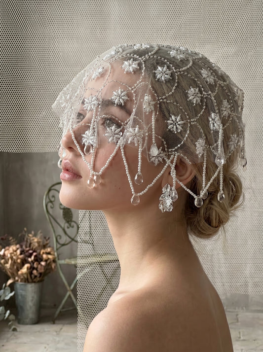 Vintage 1920s Juliet Cap Wedding Veil - Milk White Stiff Tulle Bridal Hair Cap, Luxurious Art Deco Pearl Starburst Headpiece with Teardrop Tassels  LUNA-X88