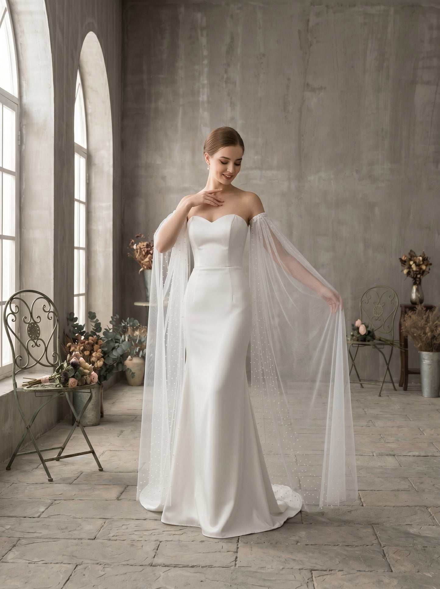 Detachable Pearl Bridal Sleeves - 150cm Off the Shoulder Wedding Cape Wings Pearls Beaded Mesh Flattering Arm Cover LUNA-X229