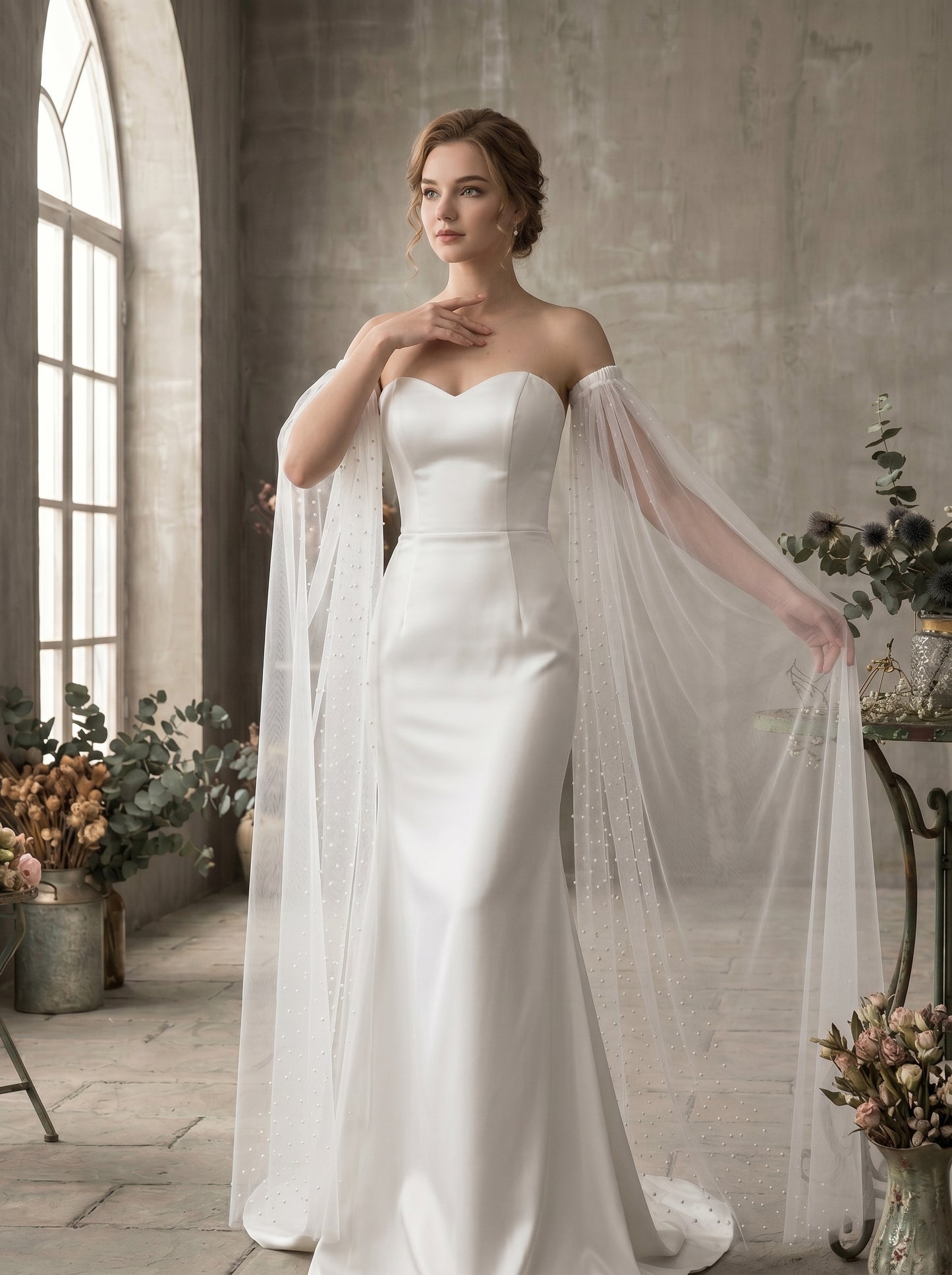 Detachable Pearl Bridal Sleeves - 150cm Off the Shoulder Wedding Cape Wings Pearls Beaded Mesh Flattering Arm Cover LUNA-X229