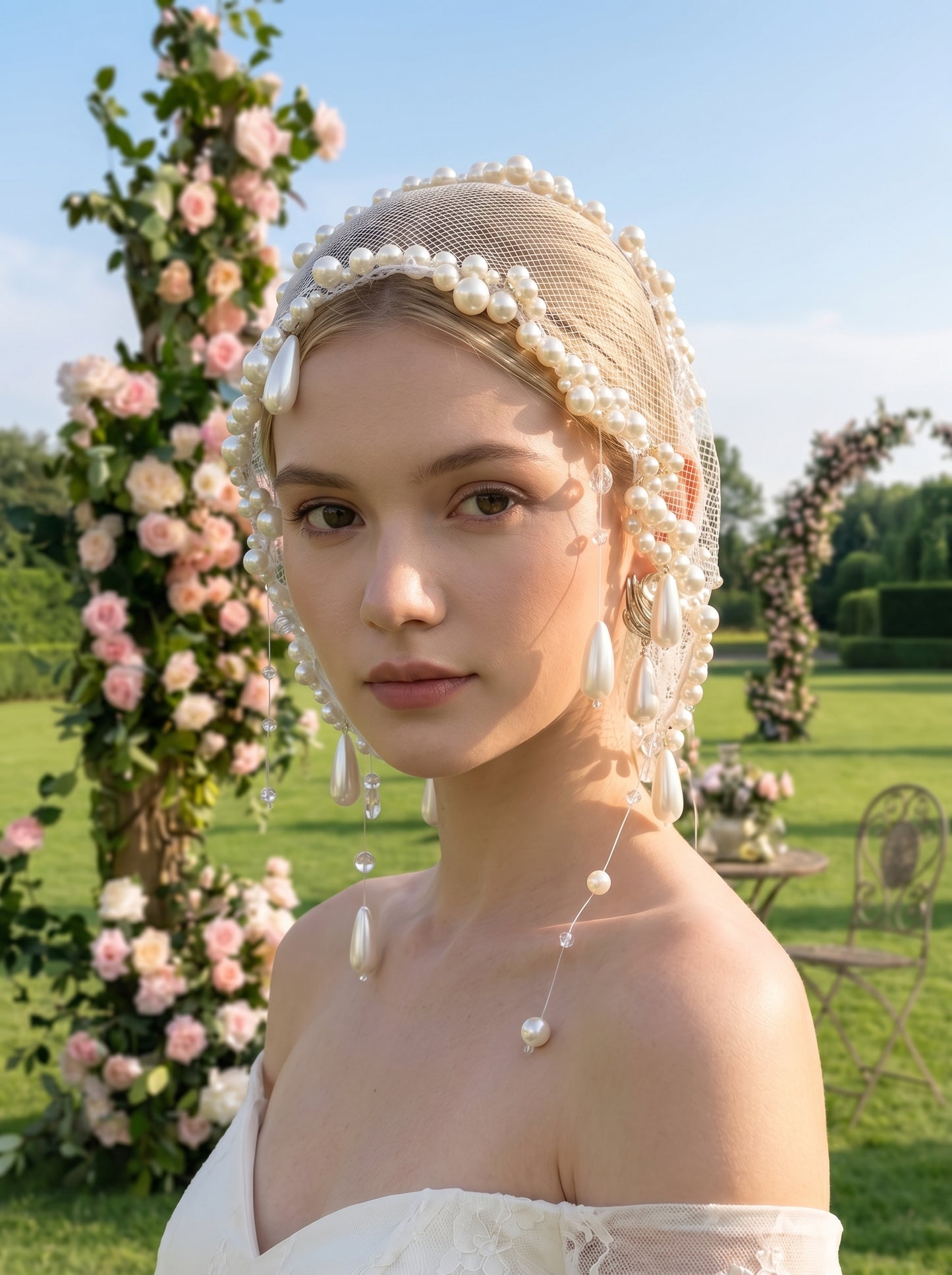 Chic 20x20 Pearl Edge Civil Wedding Veil, Heavy Beaded Vintage Mesh Face Cover, High Fashion Bachelorette Bridal Headpiece  LUNA-X209