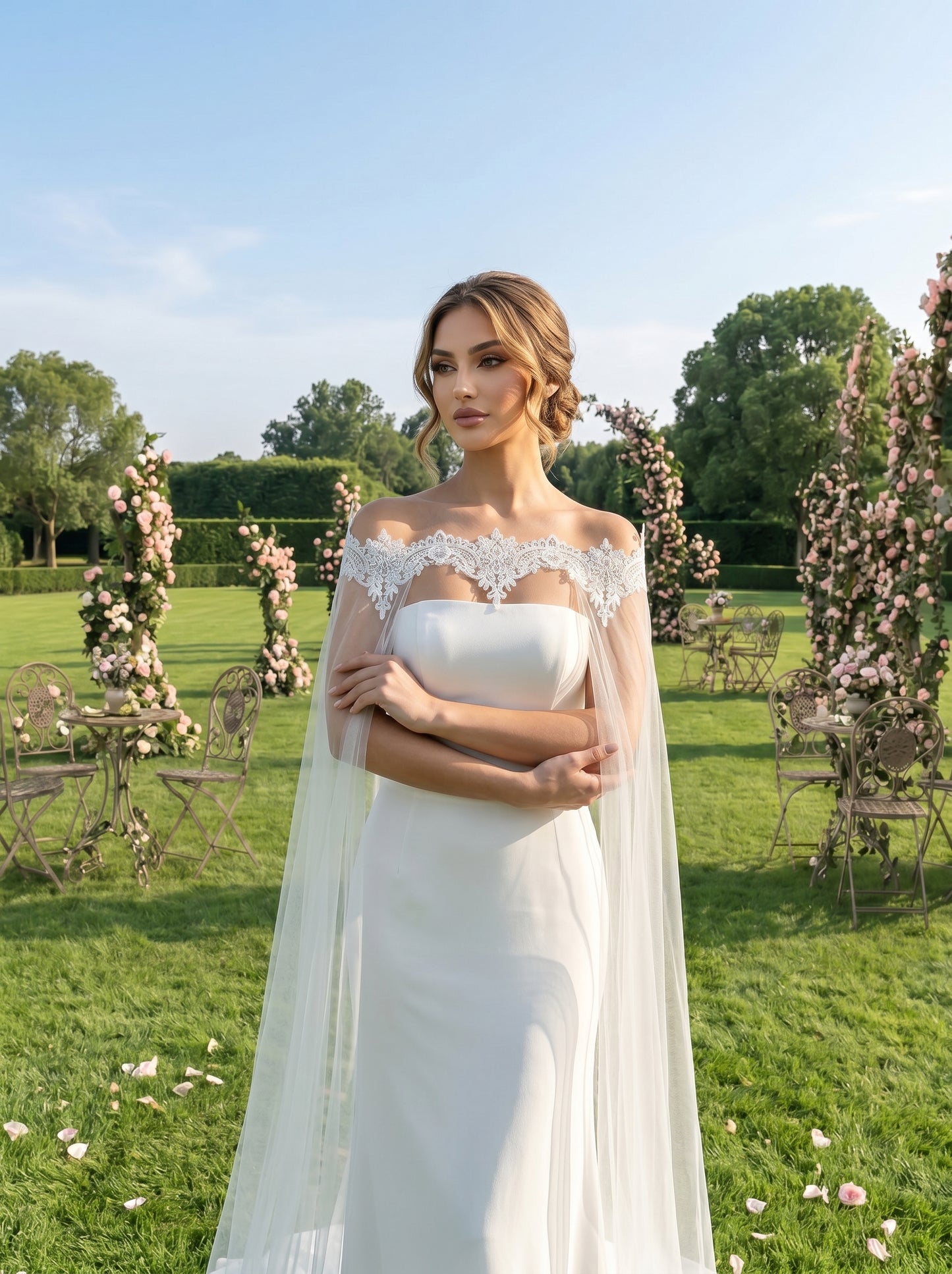 Off the Shoulder Lace Bridal Cape Veil - 300cm Cathedral Length Bardot Wedding Capelet Lightweight Illusion Mesh  LUNA-X225
