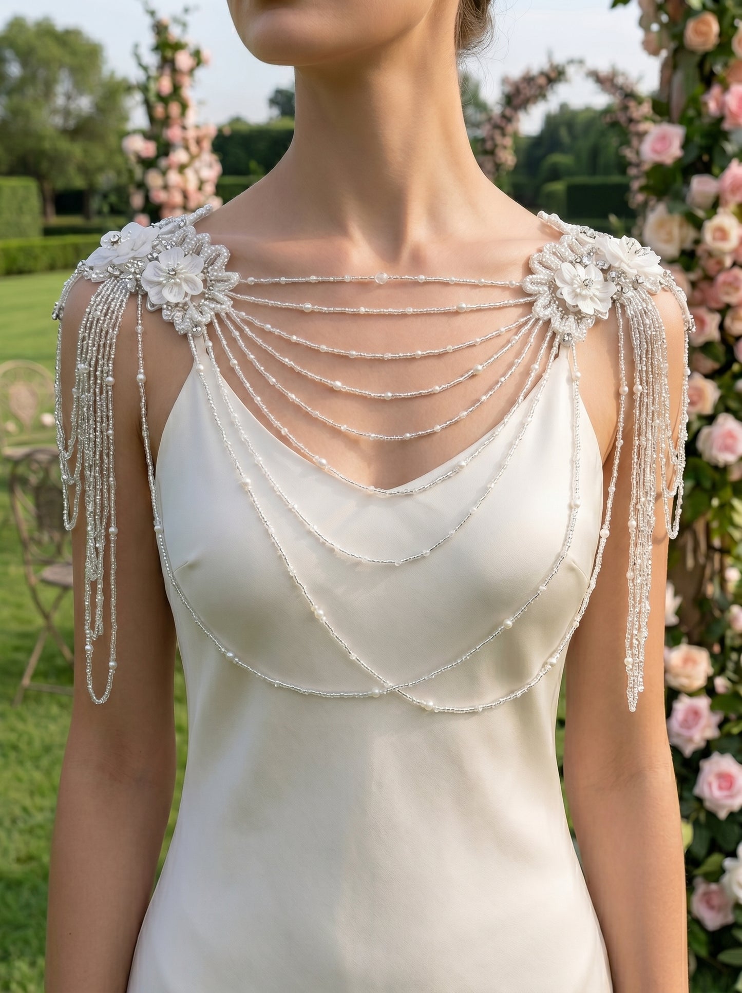 Luxury Pearl Bridal Shoulder Necklace - Beaded Wedding Body Chain Cape with Crystals and Floral Appliques for Strapless Dress  LUNA-X227