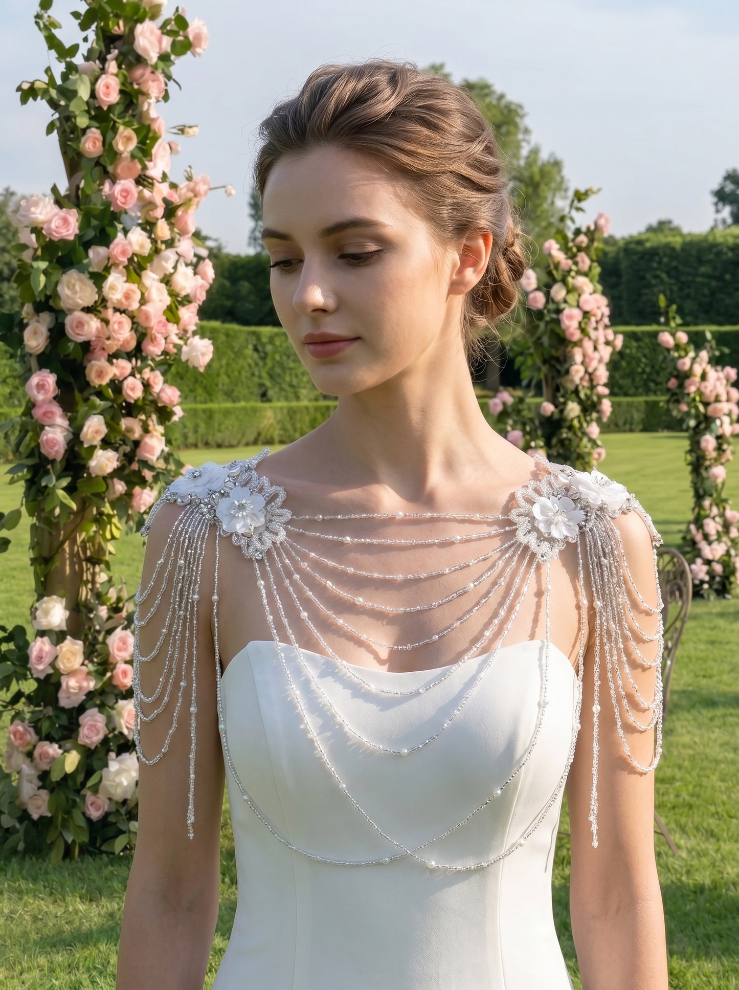 Luxury Pearl Bridal Shoulder Necklace - Beaded Wedding Body Chain Cape with Crystals and Floral Appliques for Strapless Dress  LUNA-X227