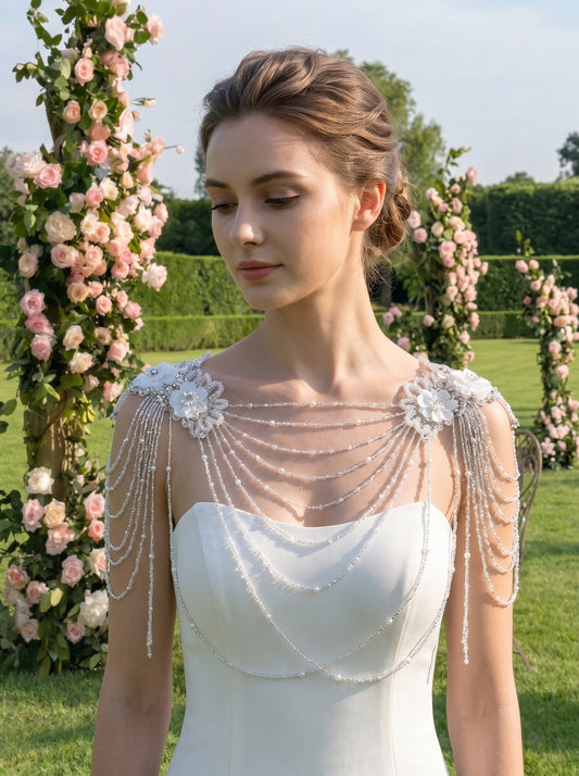 Luxury Bridal Shoulder Necklace Beaded Wedding Body Chain Cape with Shimmering Accents and Floral Appliques for Strapless Gowns | LUNA-X227