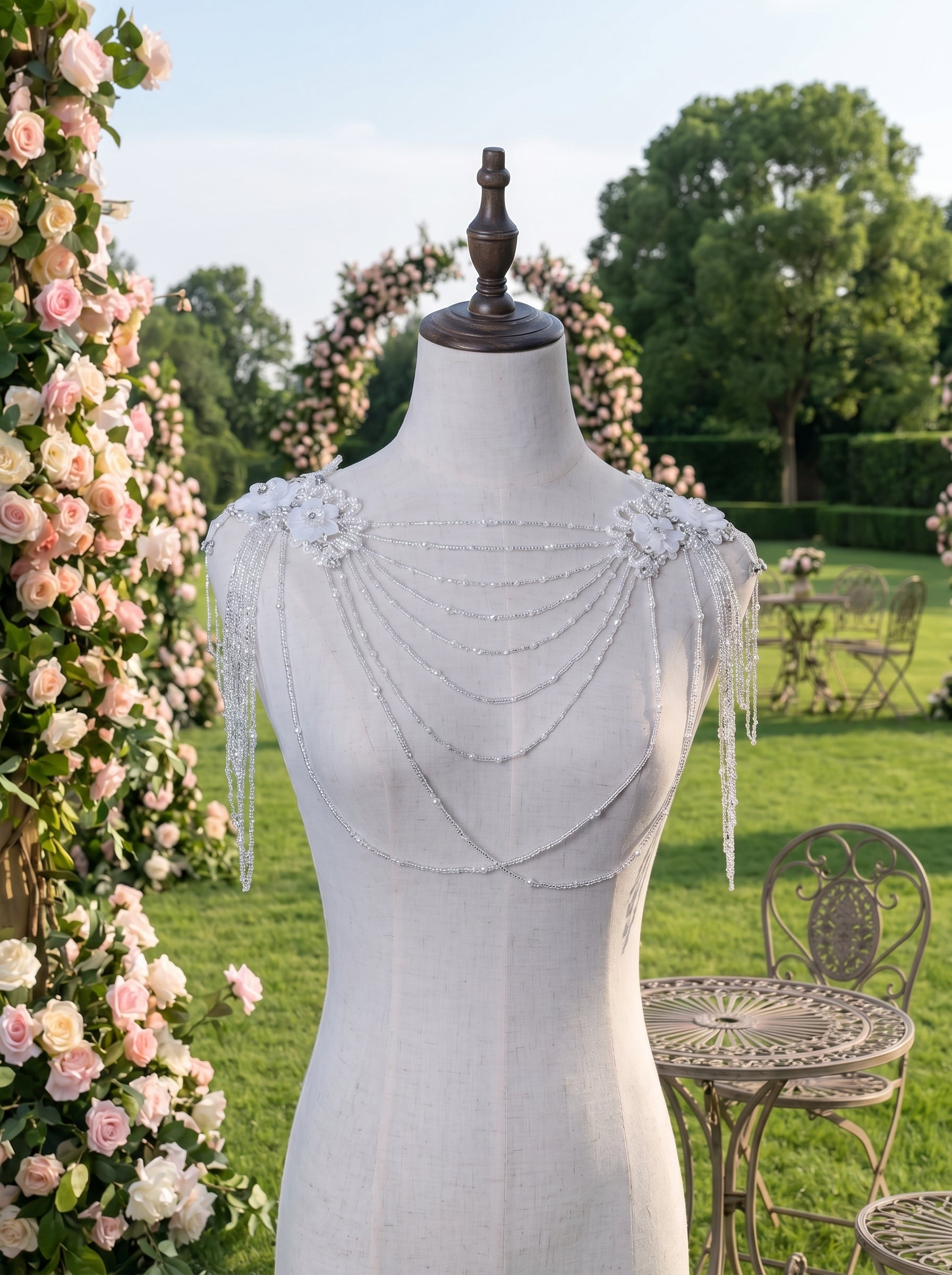 Luxury Bridal Shoulder Necklace Beaded Wedding Body Chain Cape with Shimmering Accents and Floral Appliques for Strapless Gowns | LUNA-X227