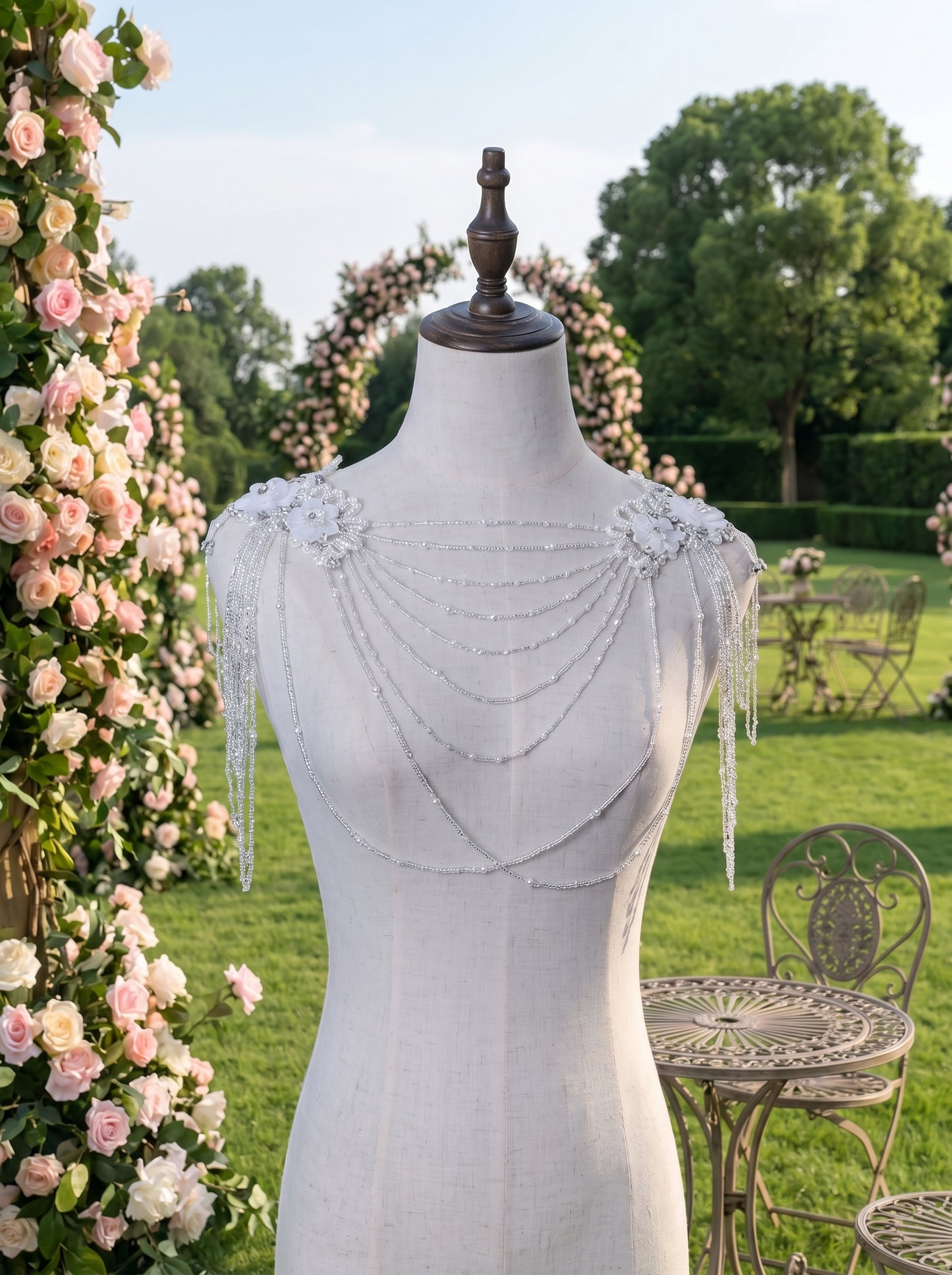 Luxury Pearl Bridal Shoulder Necklace - Beaded Wedding Body Chain Cape with Crystals and Floral Appliques for Strapless Dress  LUNA-X227