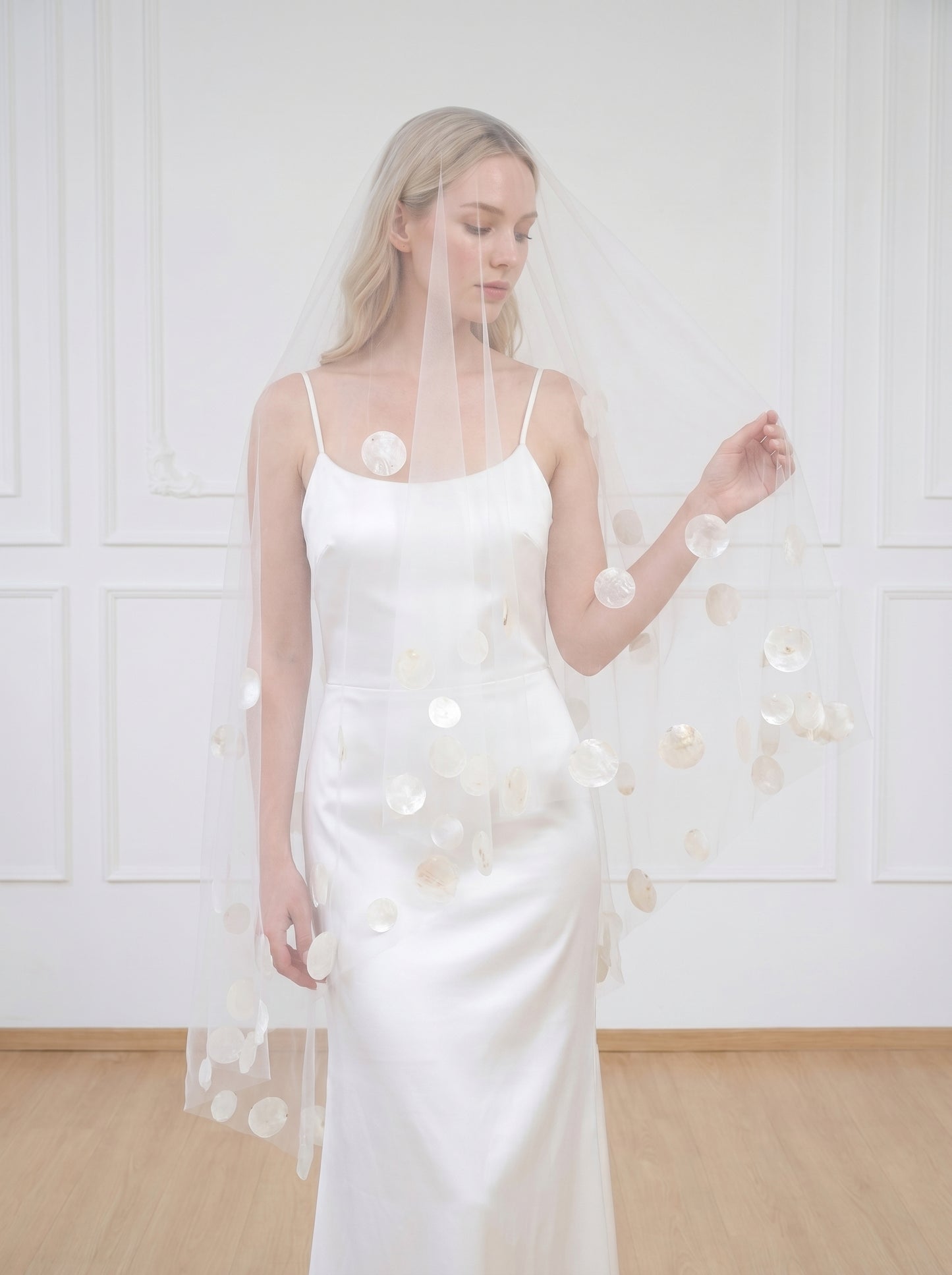 Ethereal Pure White Drop Veil - Minimalist Cut Edge Blusher Veil, Waist Length No Comb Bridal Veil  LUNA-X10