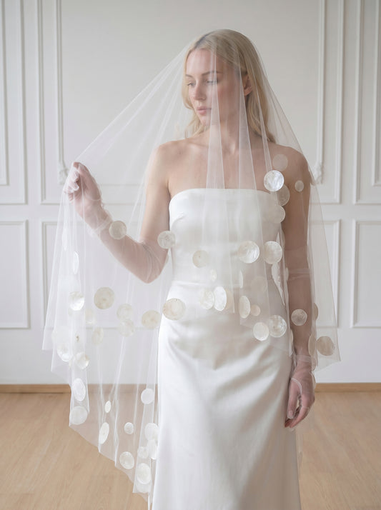 Ethereal Pure White Drop Veil - Minimalist Cut Edge Blusher Veil, Waist Length No Comb Bridal Veil  LUNA-X10