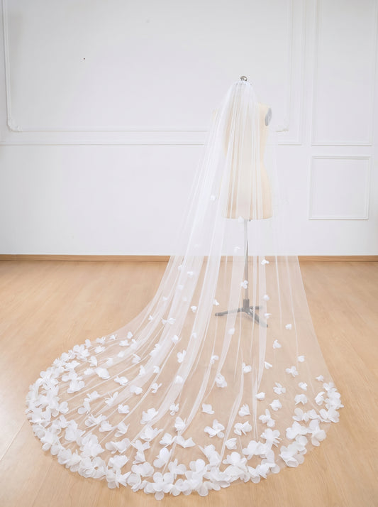 Couture 3D Floral Wedding Veil - 118" Long Handcrafted Organza Flower Cathedral Veil, No Comb for Styling Freedom LUNA-X06