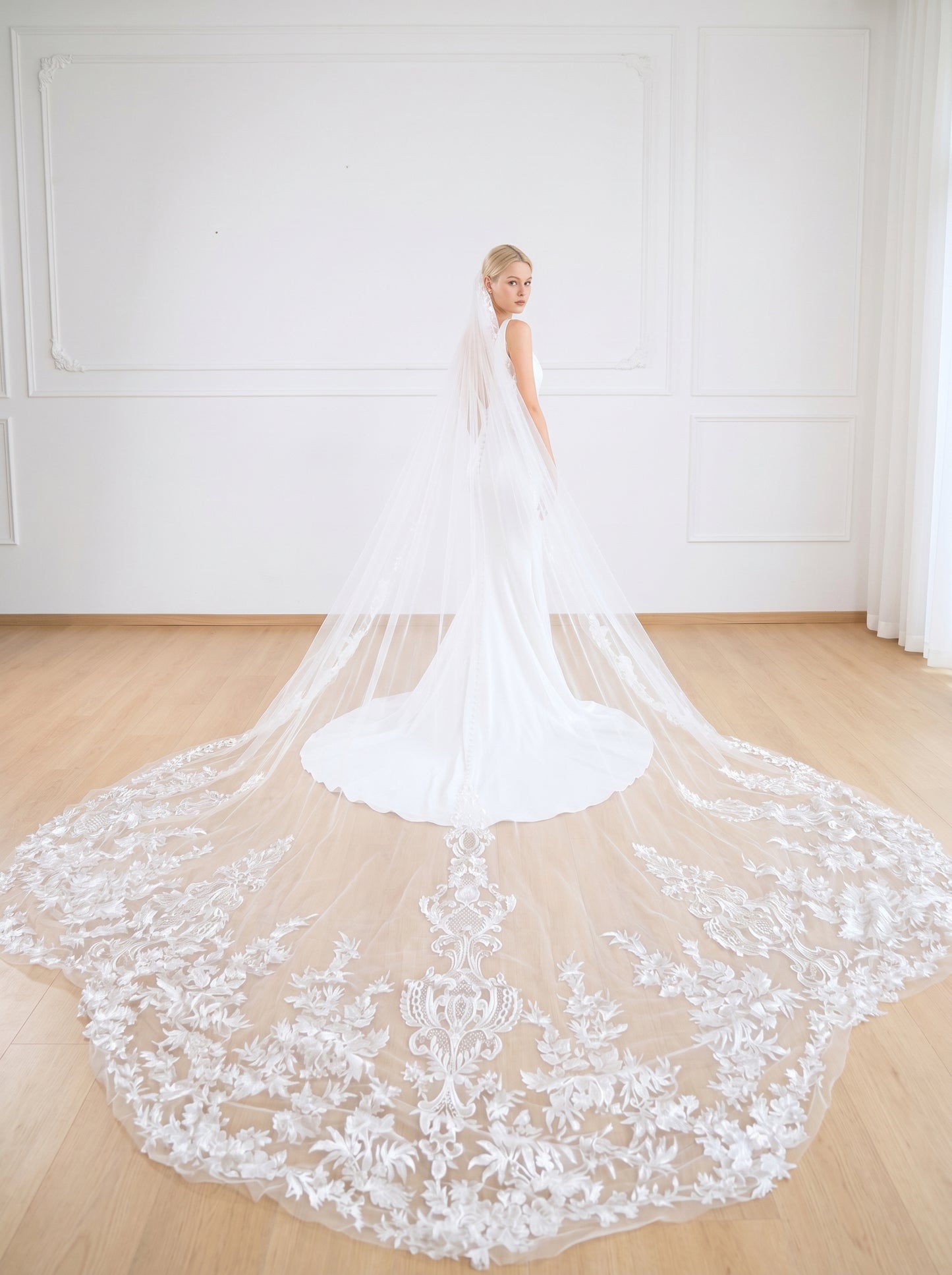 Grand Cathedral Wedding Veil - 138" Extravagant Royal Tulle with Gorgeous Heavy Lace Appliqués and Secure Metal Comb  LUNA-X07
