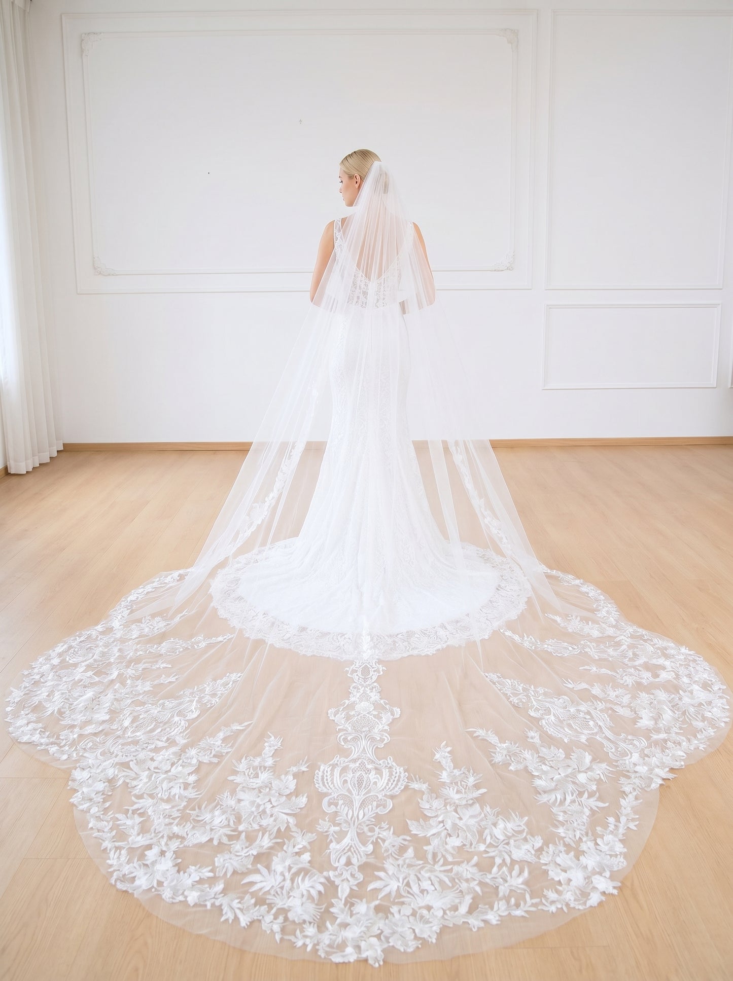 Grand Cathedral Wedding Veil - 138" Extravagant Royal Tulle with Gorgeous Heavy Lace Appliqués and Secure Metal Comb  LUNA-X07