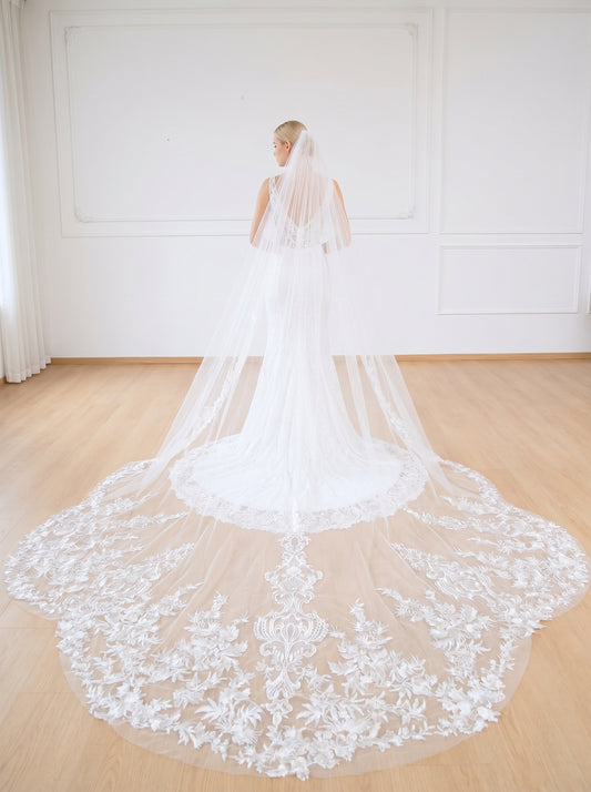 Grand Cathedral Wedding Veil - 138" Extravagant Royal Tulle with Gorgeous Heavy Lace Appliqués and Secure Metal Comb  LUNA-X07