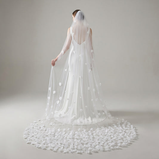 Grand Cathedral Wedding Veil - 138" Extra Long & Wide Tulle with Majestic Royal Lace Appliqués and Secure Metal Comb  LUNA-X03