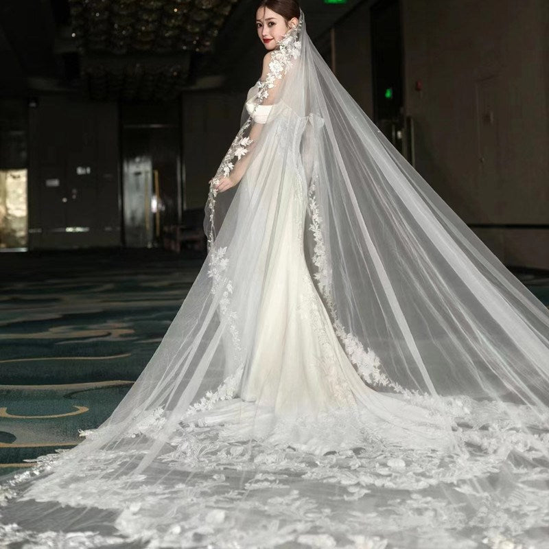 Grand Cathedral Wedding Veil - 138 Extravagant Royal Tulle with Gorgeous Heavy Lace Appliques and Secure Metal Comb  LUNA-X07