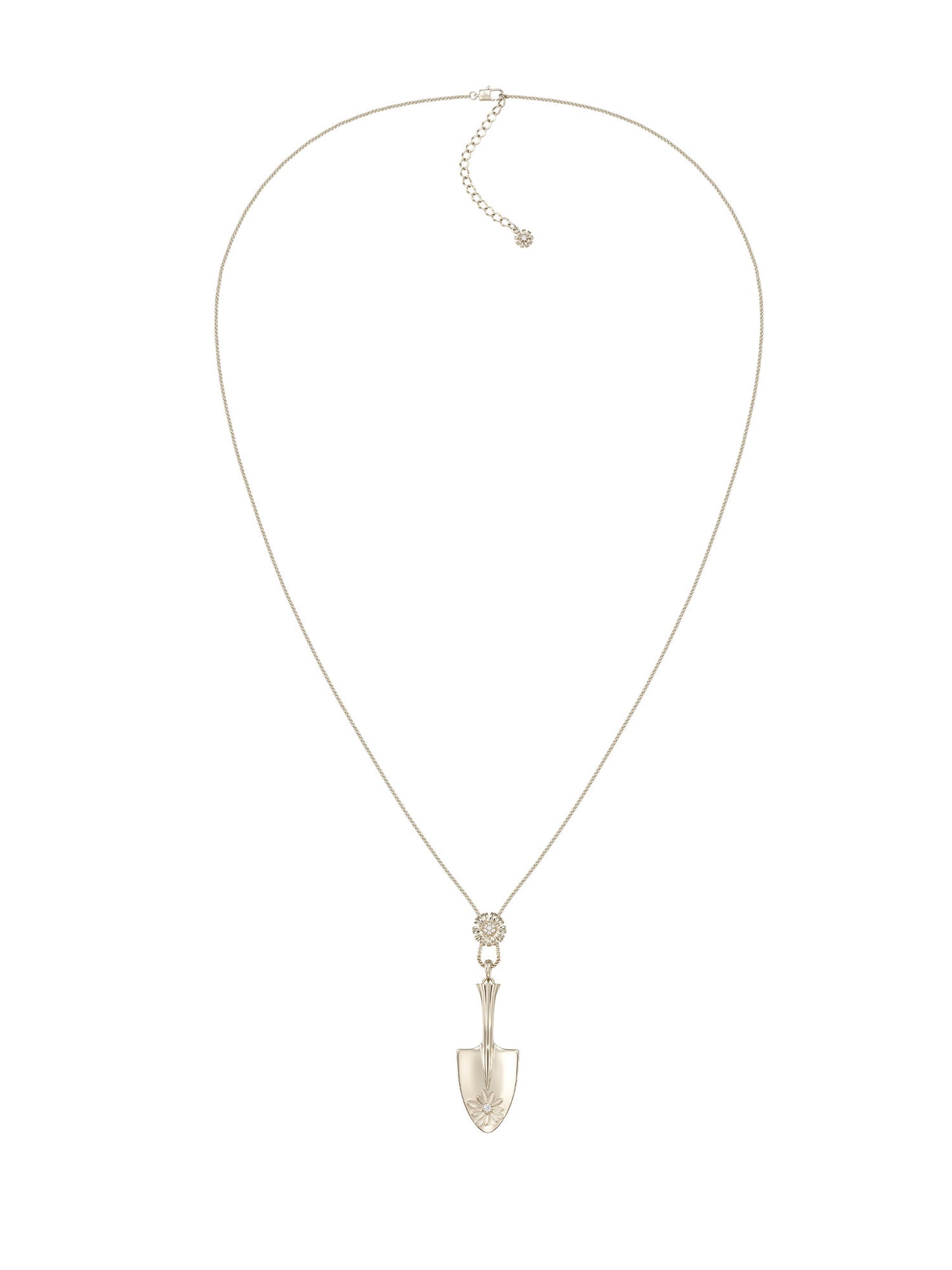 Dual Size Garden Trowel Daisy Pendant Necklace For Women Light Titanium Gold Plated Copper Zircon Nature Gardener Jewelry Mini Short Chain & Oversized Extra Long Sweater Chain Two Options   LUNA-X270