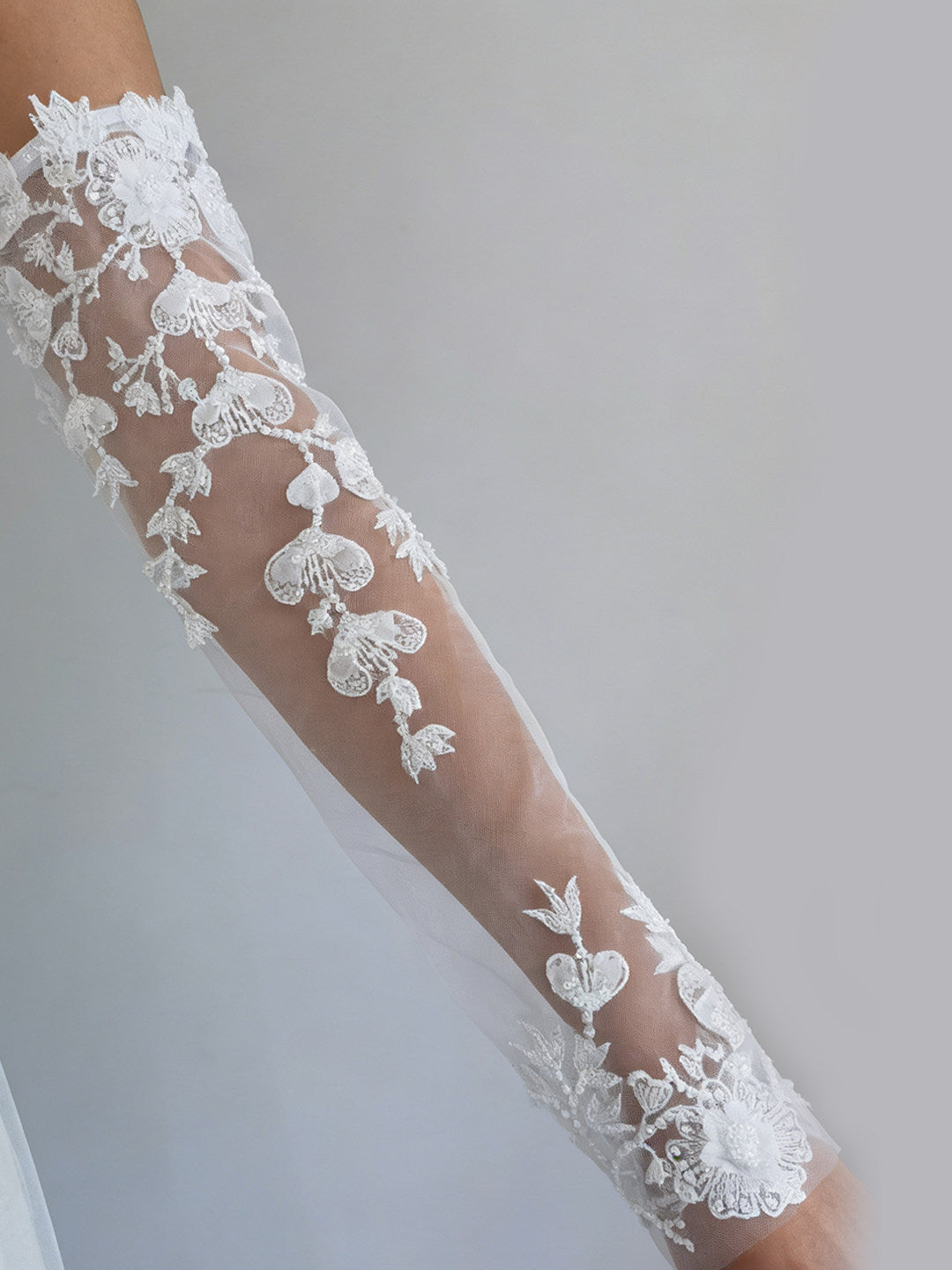 Vintage 3D Floral Bridal Sleeves - 55cm Opera Length Fingerless Wedding Gloves with Elastic Anti-Slip Cuff - Sequined White Illusion Lace Cuffs  LUNA-X323