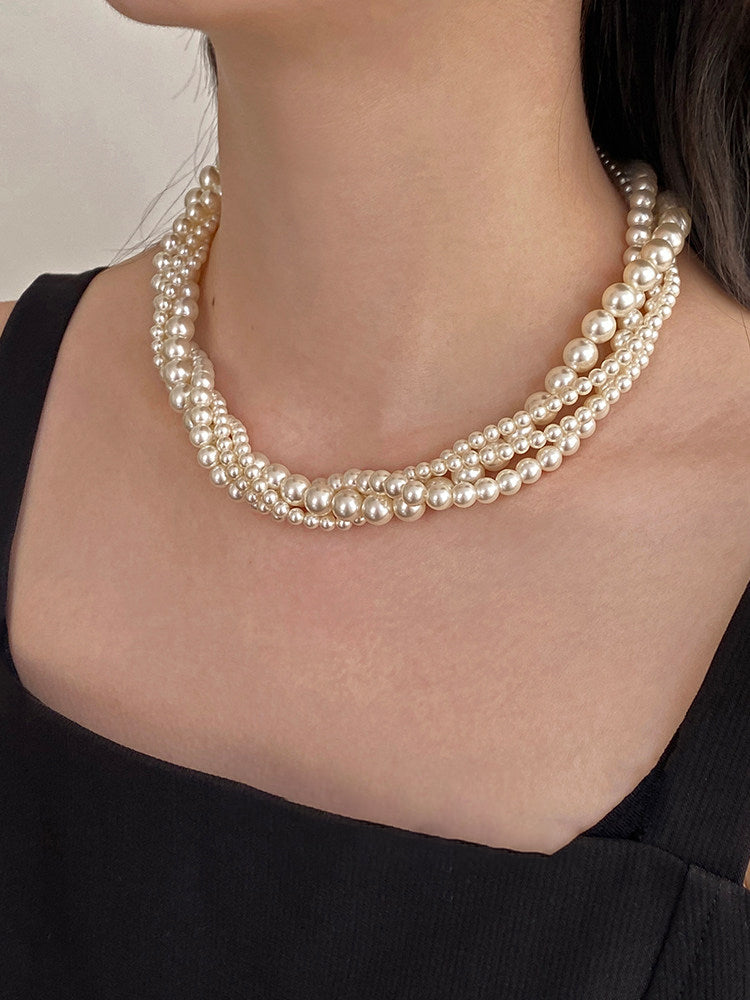 Twisted Braided Multi-Size Cream White Imitation Pearl Choker Necklace For Women 4/6/8mm Mixed Pearls Two Length 42-43cm & 45cm Vintage Elegant Wedding Daily Layered Jewelry Gift For Ladies Bride LUNA-X286
