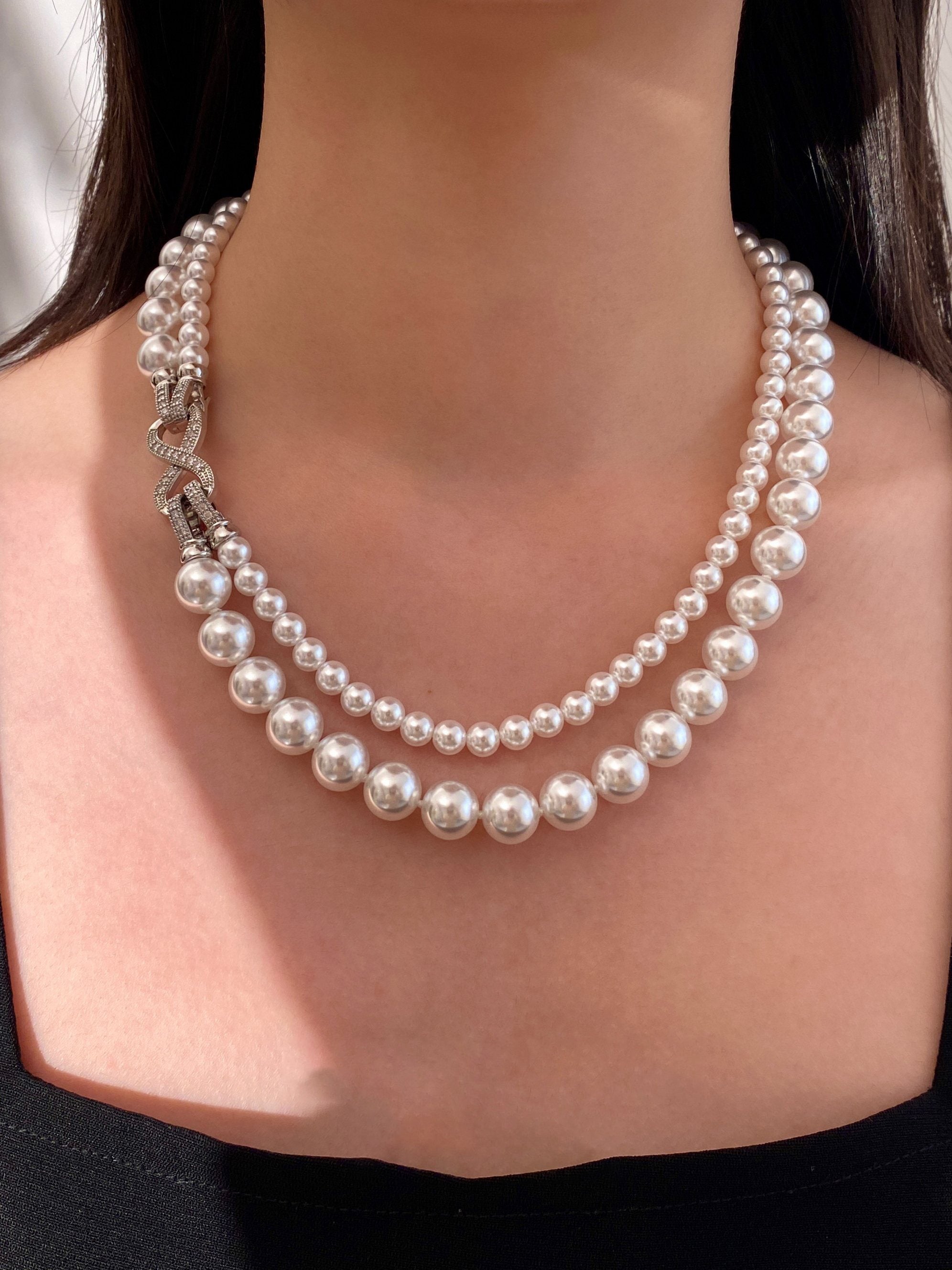 Double Layer Gradient Pearl Choker Necklace for Women, Two-Tier Australian White & Gray Madama Pearls 4/6mm+8/10mm Adjustable 44-46cm Collarbone Chain Crystal Infinity Clasp Wedding Bridal Statement Fine Jewelry Gift  LUNA-X294