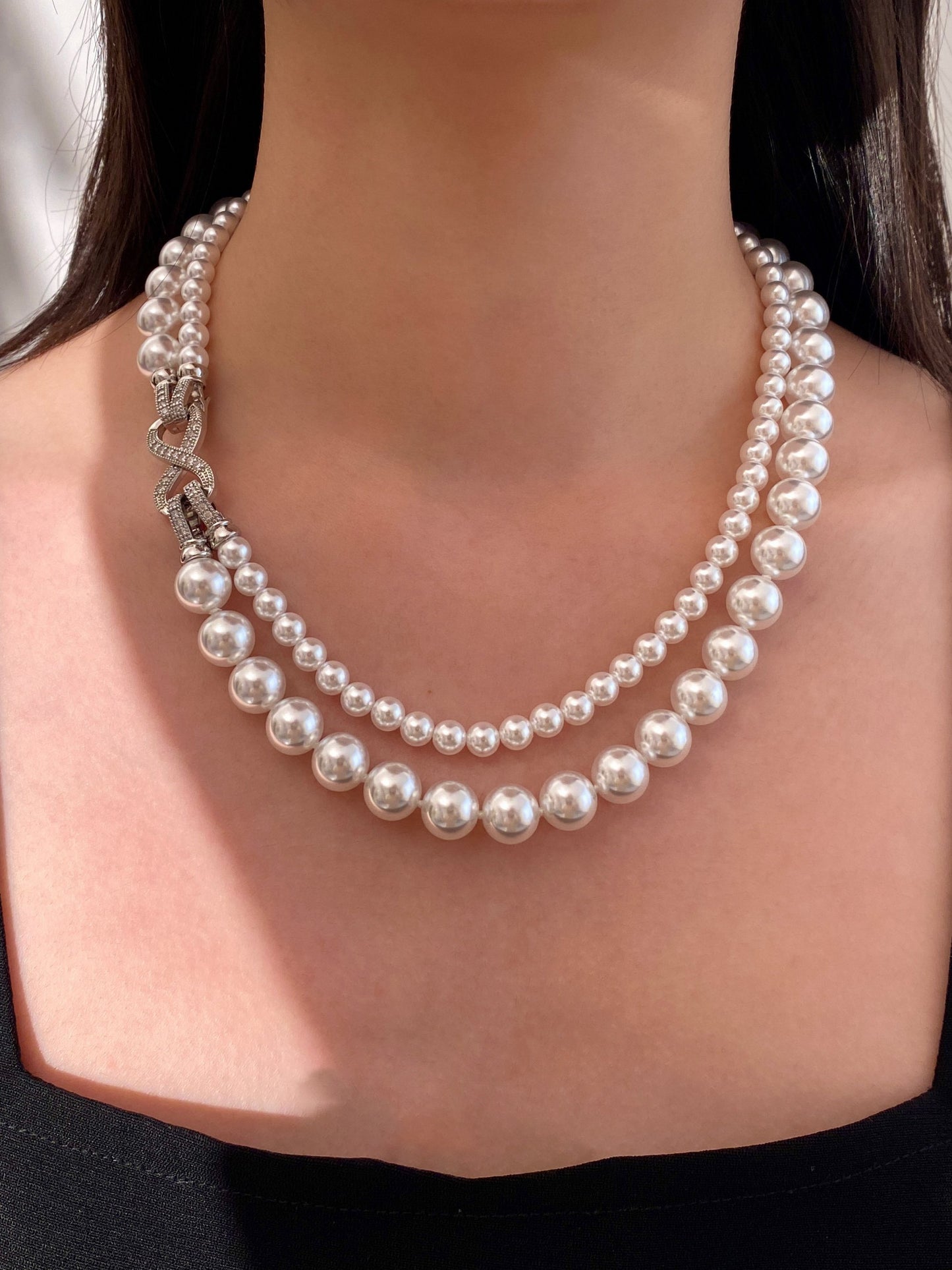 Double Layer Gradient Pearl Choker Necklace for Women, Two-Tier Australian White & Gray Madama Pearls 4/6mm+8/10mm Adjustable 44-46cm Collarbone Chain Crystal Infinity Clasp Wedding Bridal Statement Fine Jewelry Gift  LUNA-X294