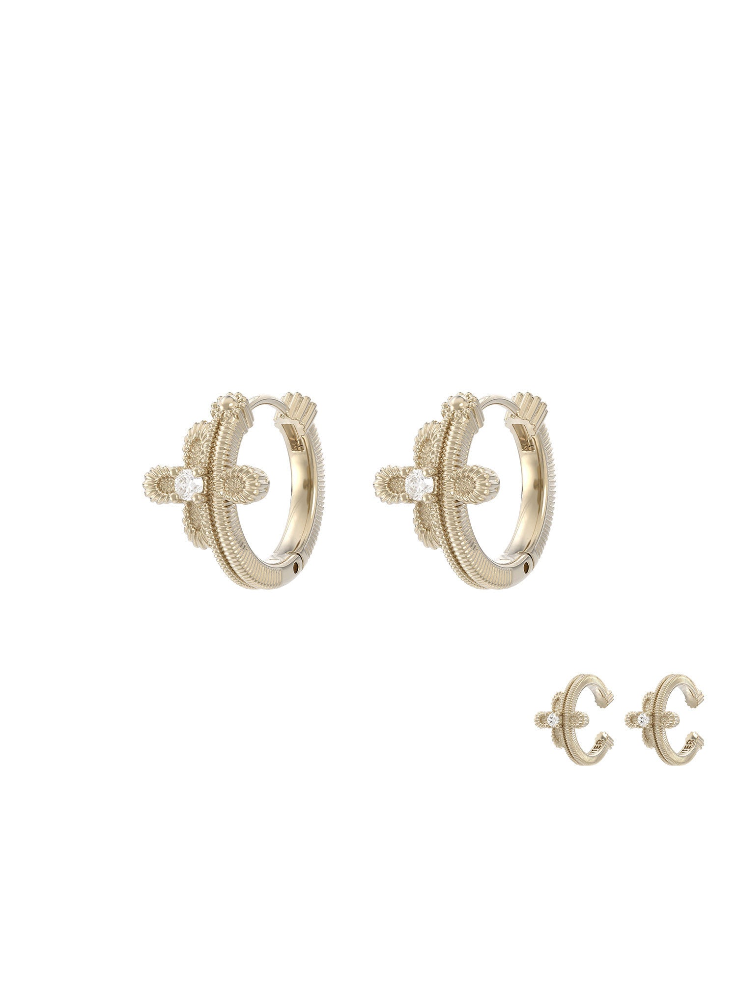 Women's Vintage Gothic Lace Cross Ear Cuffs Non Pierced Hoop Earrings, Florence Cathedral Inspired Design, Dainty Zircon Details, Two-Tone Gold & Silver Jewelry, LUNA-X265