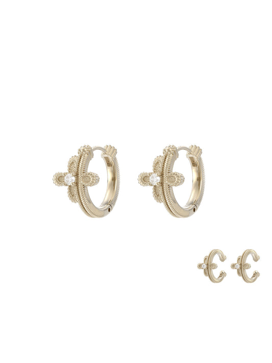 Women's Vintage Gothic Lace Cross Ear Cuffs Non Pierced Hoop Earrings, Florence Cathedral Inspired Design, Dainty Zircon Details, Two-Tone Gold & Silver Jewelry, LUNA-X265