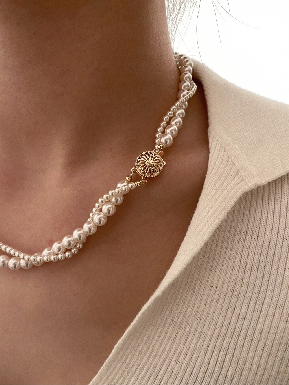 Two Tone Sunflower Clasp Mixed Size Imitation Pearl Necklace For Women 3mm+6mm Gradient Pearl 45cm Adjustable Gold Silver Clasp Cream Grey Australian White French Vintage Daily Jewelry Gift For Ladies   LUNA-X287