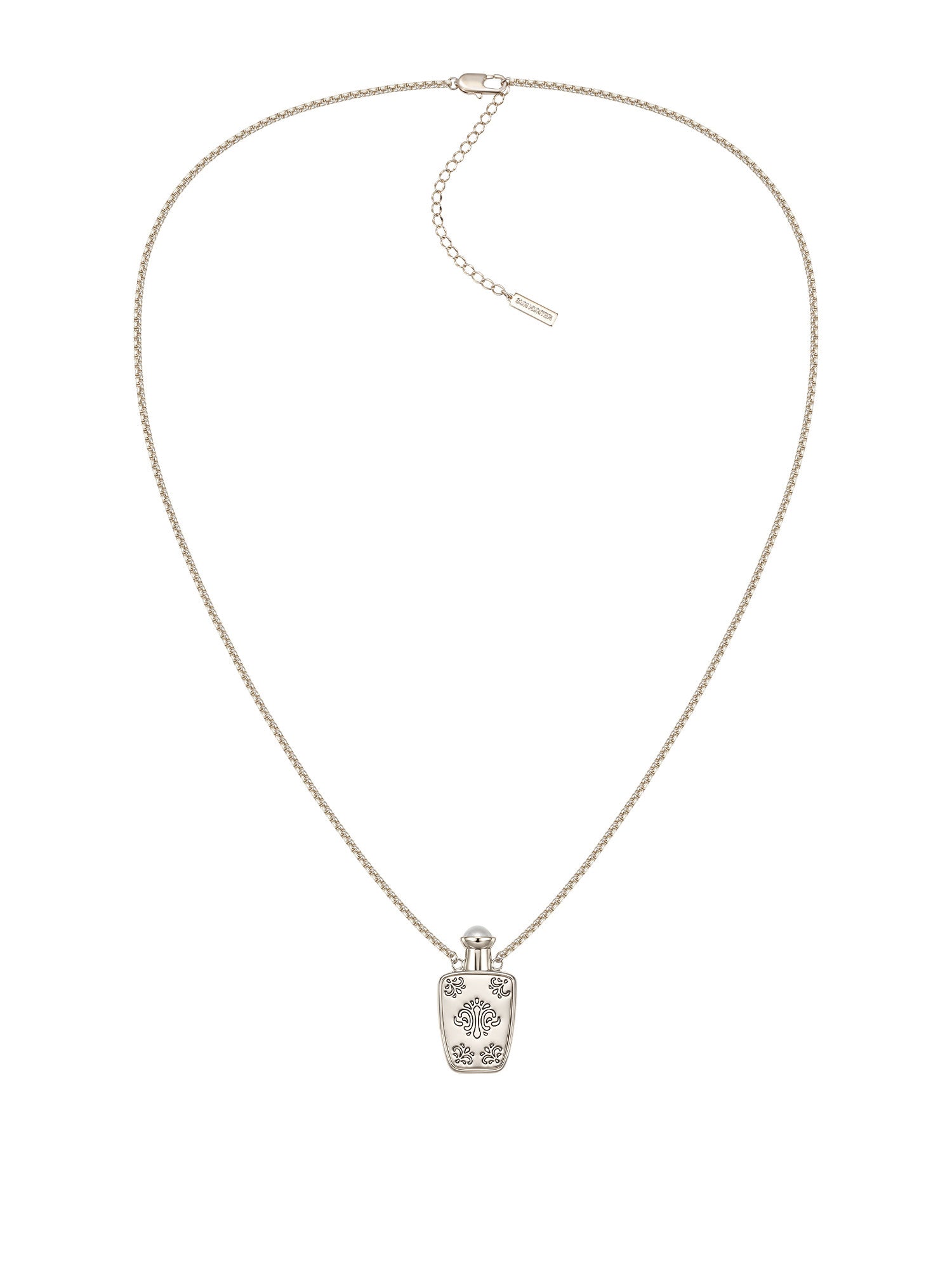 Women’s Vintage Engraved Perfume Bottle Pendant Long Necklace, Faux Pearl Top Cap, Adjustable Layering Chain LUNA-X257