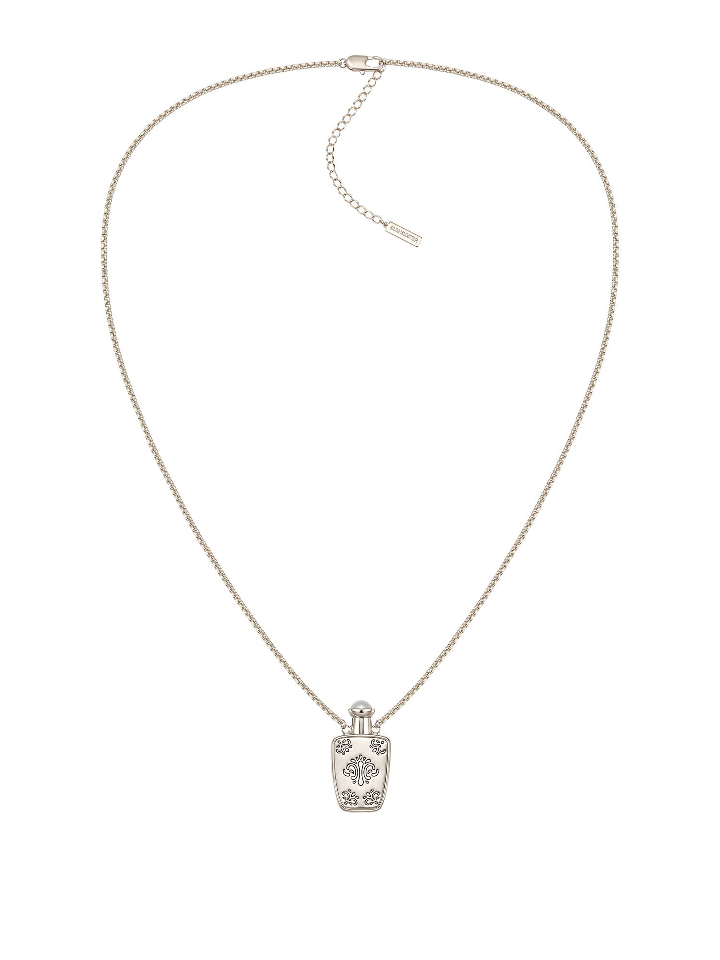Vintage Engraved Perfume Bottle Pendant Long Necklace, Faux Pearl Cap Adjustable Chain for Women  LUNA-X257