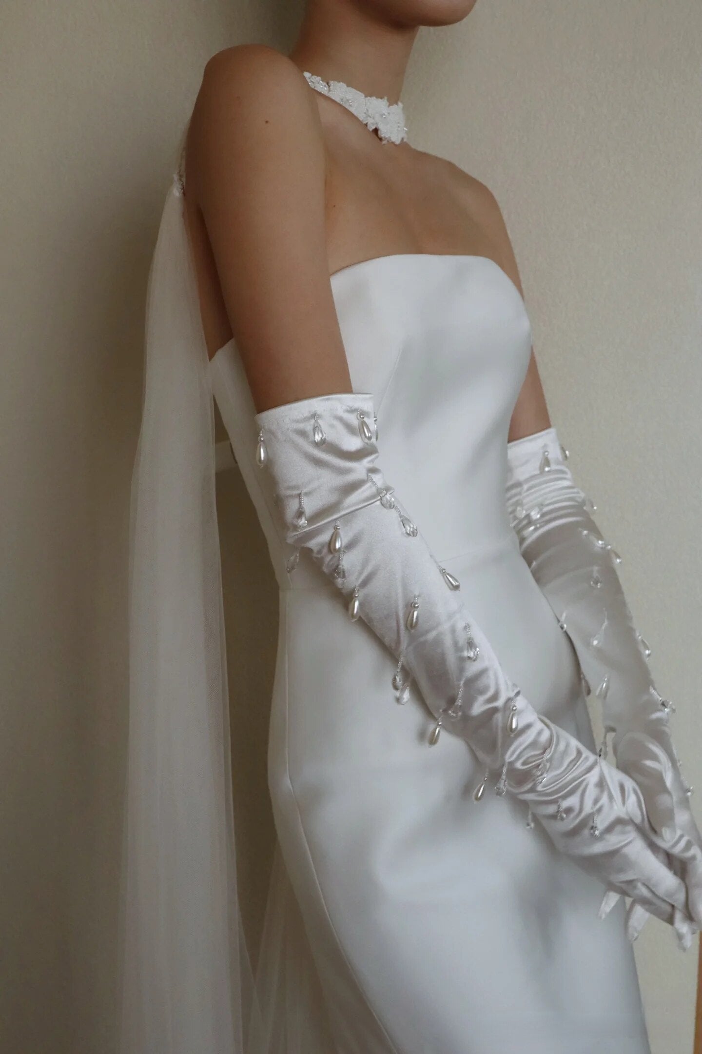 Liquid Satin Opera Bridal Gloves - Raindrop Pearl & Crystal Tassel Wedding Gloves - Luxury Above-the-Elbow Hollywood Glamour Prom Mittens  LUNA-X318