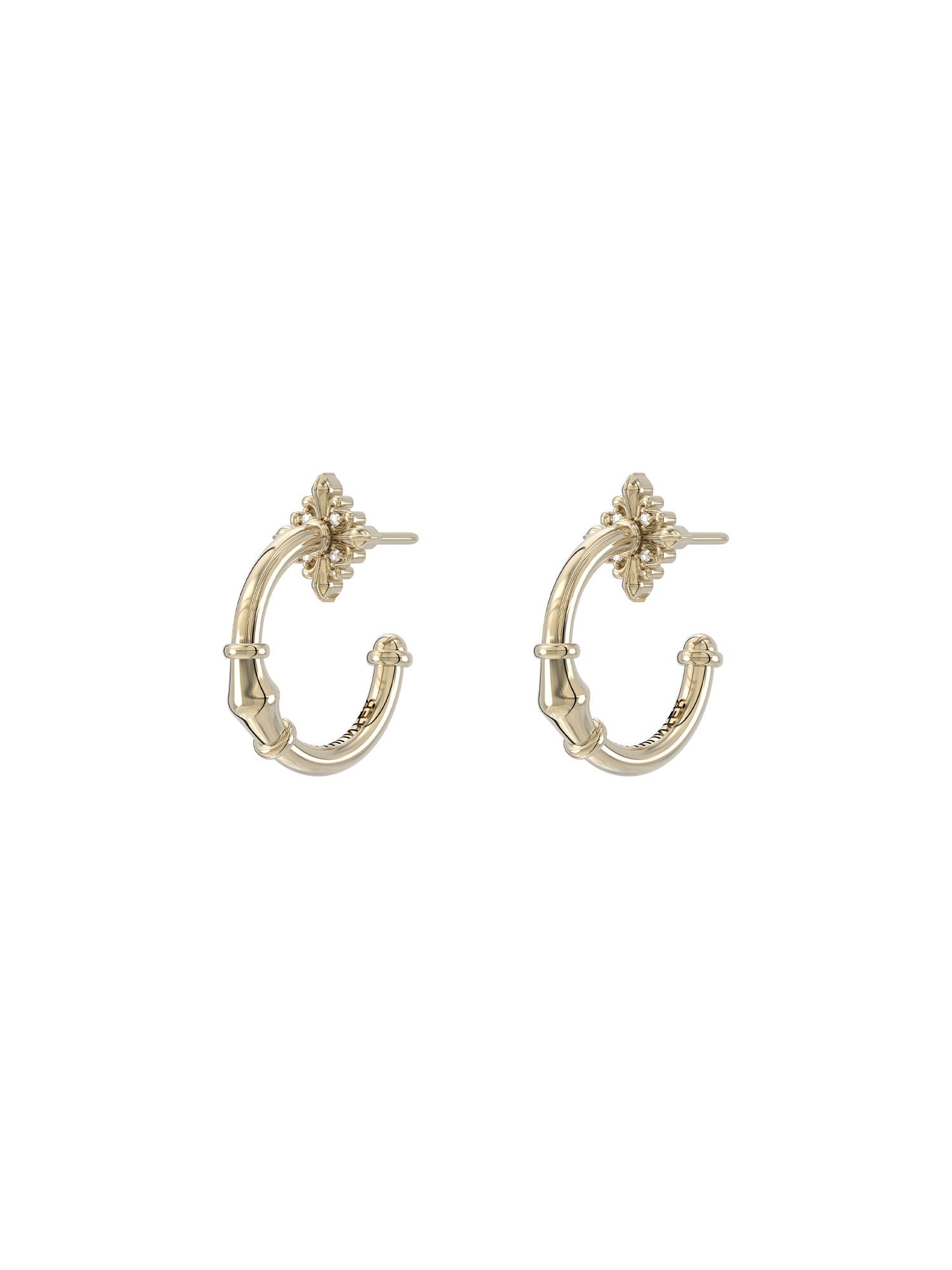Women's French Iris Bamboo Textured C Hoop Earrings, Copper Silver Tone Plated Posts, Four-Point Star Zircon Accents, Two-Tone Light Titanium Gold & Silver, Dainty Vintage Daily Wear Jewelry, LUNA-X271