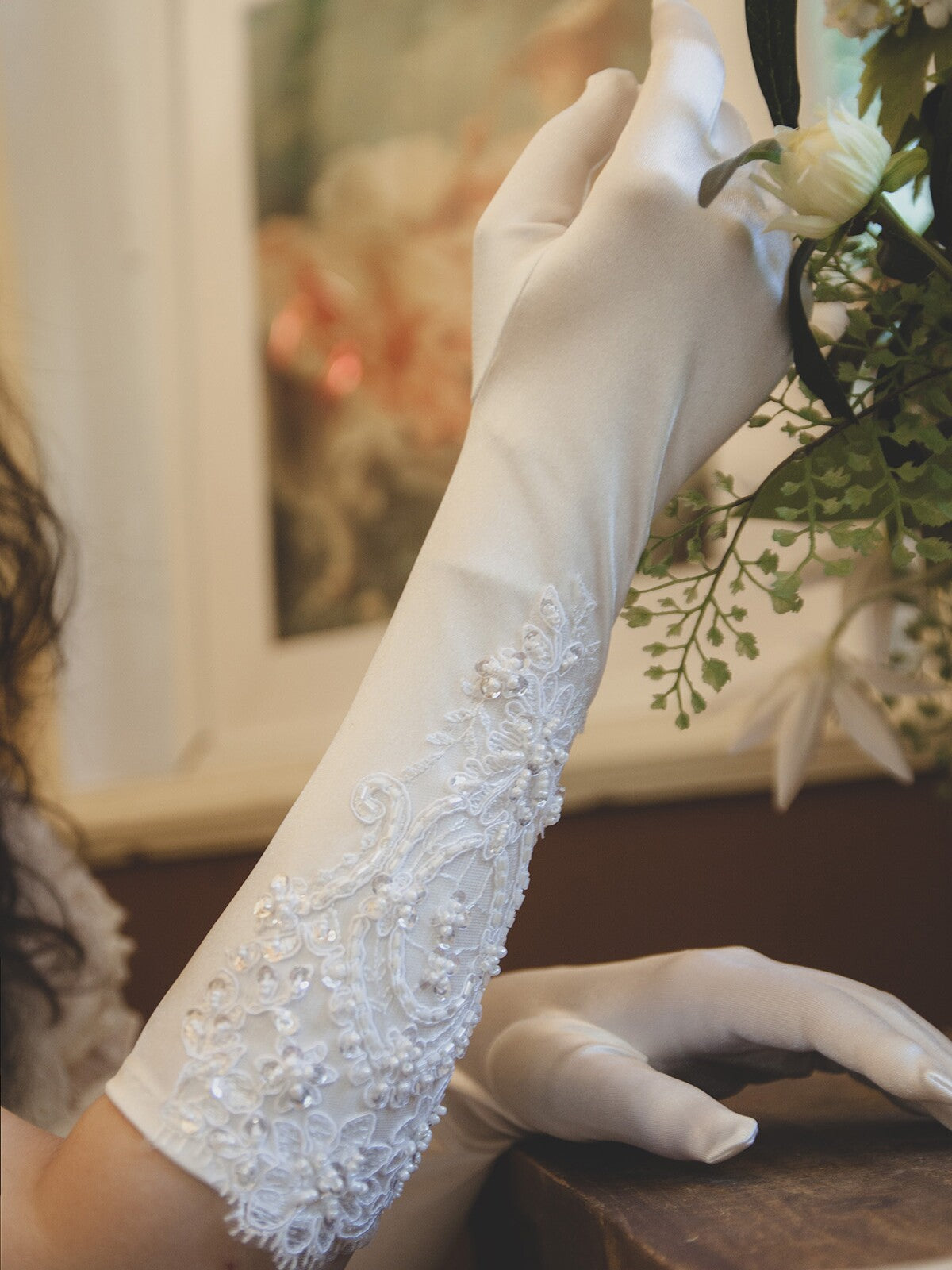 White Satin Bridal Gloves - 35cm Below Elbow Length Wedding Gloves with Hand-Beaded imitation pearls & Sequins - Vintage Regencycore Heavy Lace Prom Mittens LUNA-X308