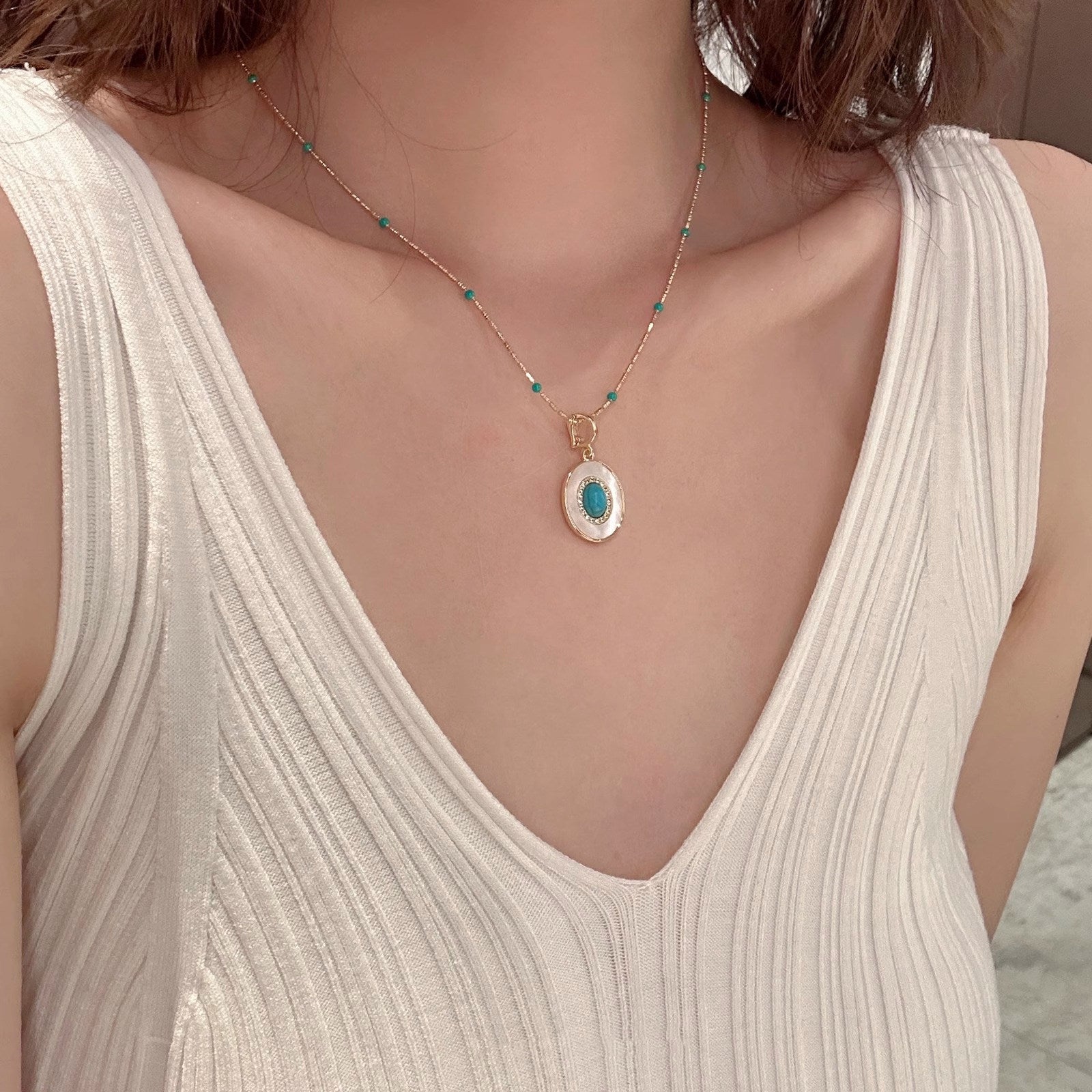 Layered Turquoise Necklace - Swarovski Crystal Pearl & Mother of Pearl Medallion Choker - Vintage French Coastal Layering Jewelry Set LUNA-X305