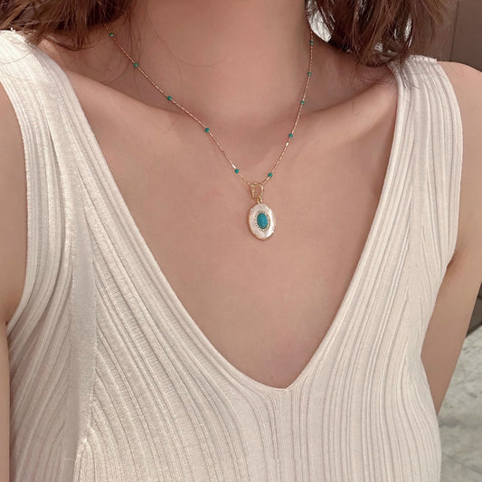 Layered Turquoise Necklace - Swarovski Crystal Pearl & Mother of Pearl Medallion Choker - Vintage French Coastal Layering Jewelry Set LUNA-X305