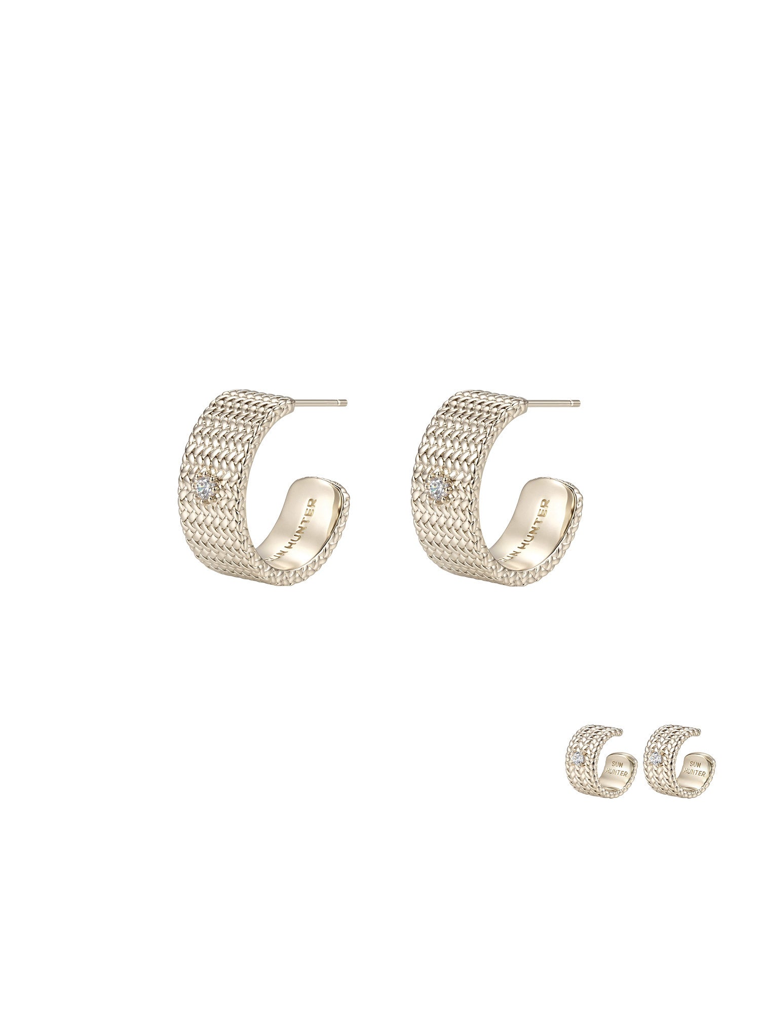 Woven Mesh Huggie Hoop Earrings & Ear Cuffs for Women, Skin-Friendly Copper Silver Tone Plated Post, Zircon Inlaid Two-Tone Light Titanium Gold & Silver Finish, Vintage Textured Non-Piercing Ear Jewelry Set, LUNA-X272