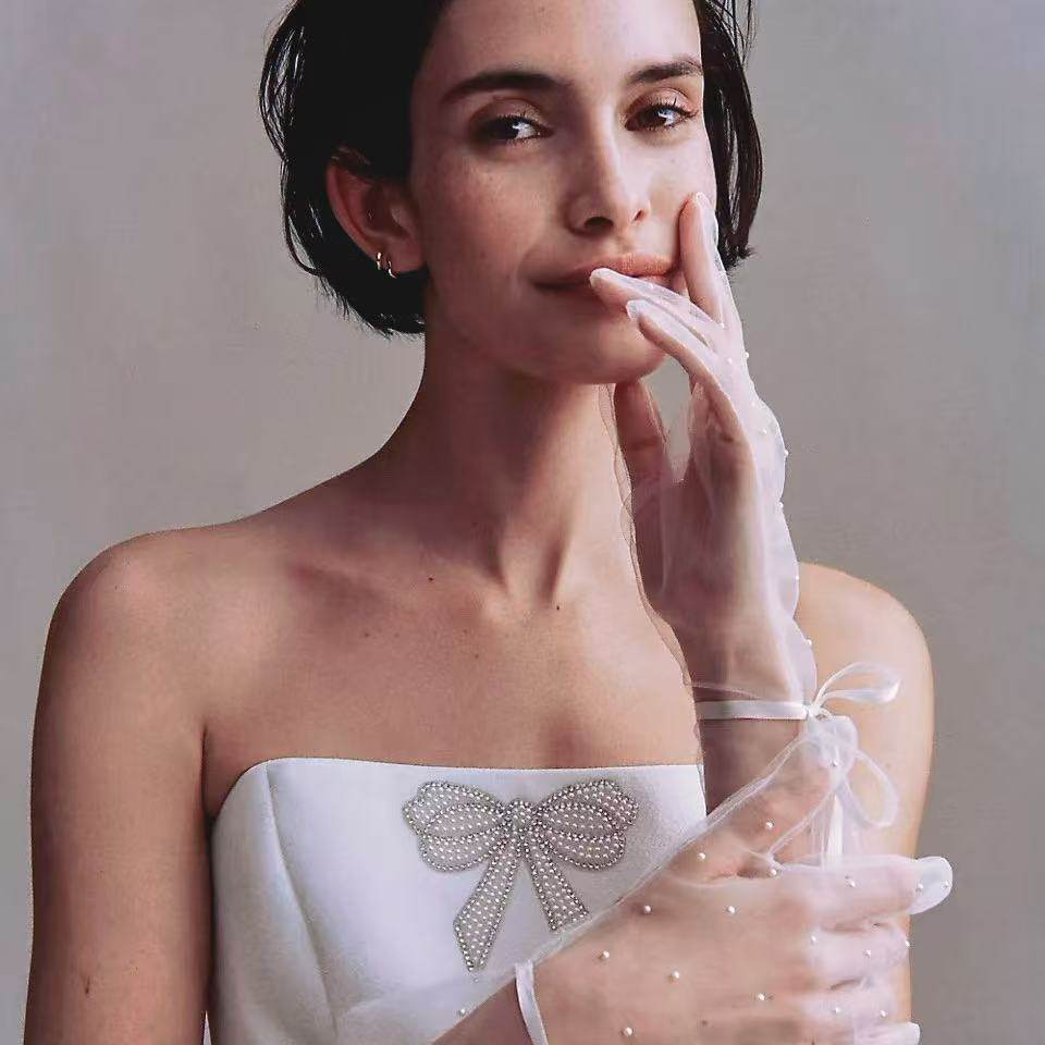 Coquette Pearl Bridal Gloves - 35cm Mid-Length Sheer Mesh Wedding Gloves with Ribbon Bow - Balletcore Romantic Ivory Tulle Prom Mittens  LUNA-X324