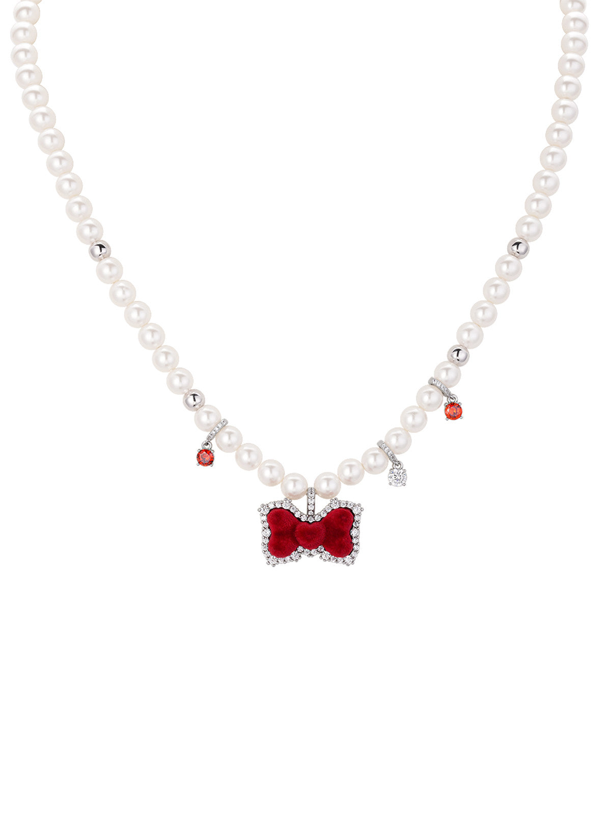Red Velvet Bow Imitation Pearl Choker Necklace For Women Silver Plated Cubic Zirconia Dainty Crystal Drop Adjustable 42+5cm Chain Cute Sweet Lolita Party Statement Jewelry  LUNA-X275
