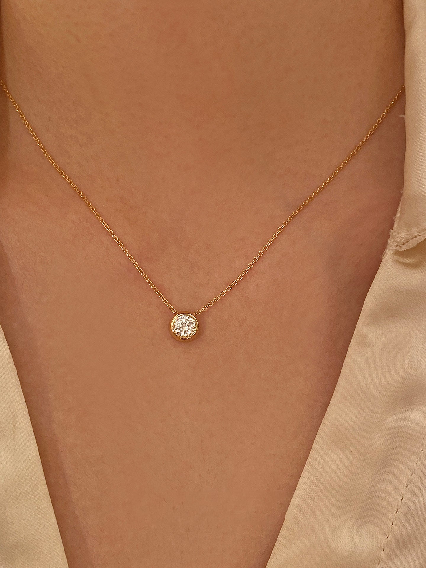 Dainty 60pt Moissanite Bezel Solitaire Gold Necklace for Women, Minimalist Round Bubble Pendant Adjustable 40+5cm Chain Daily Wear Fine Jewelry Gift  LUNA-X289