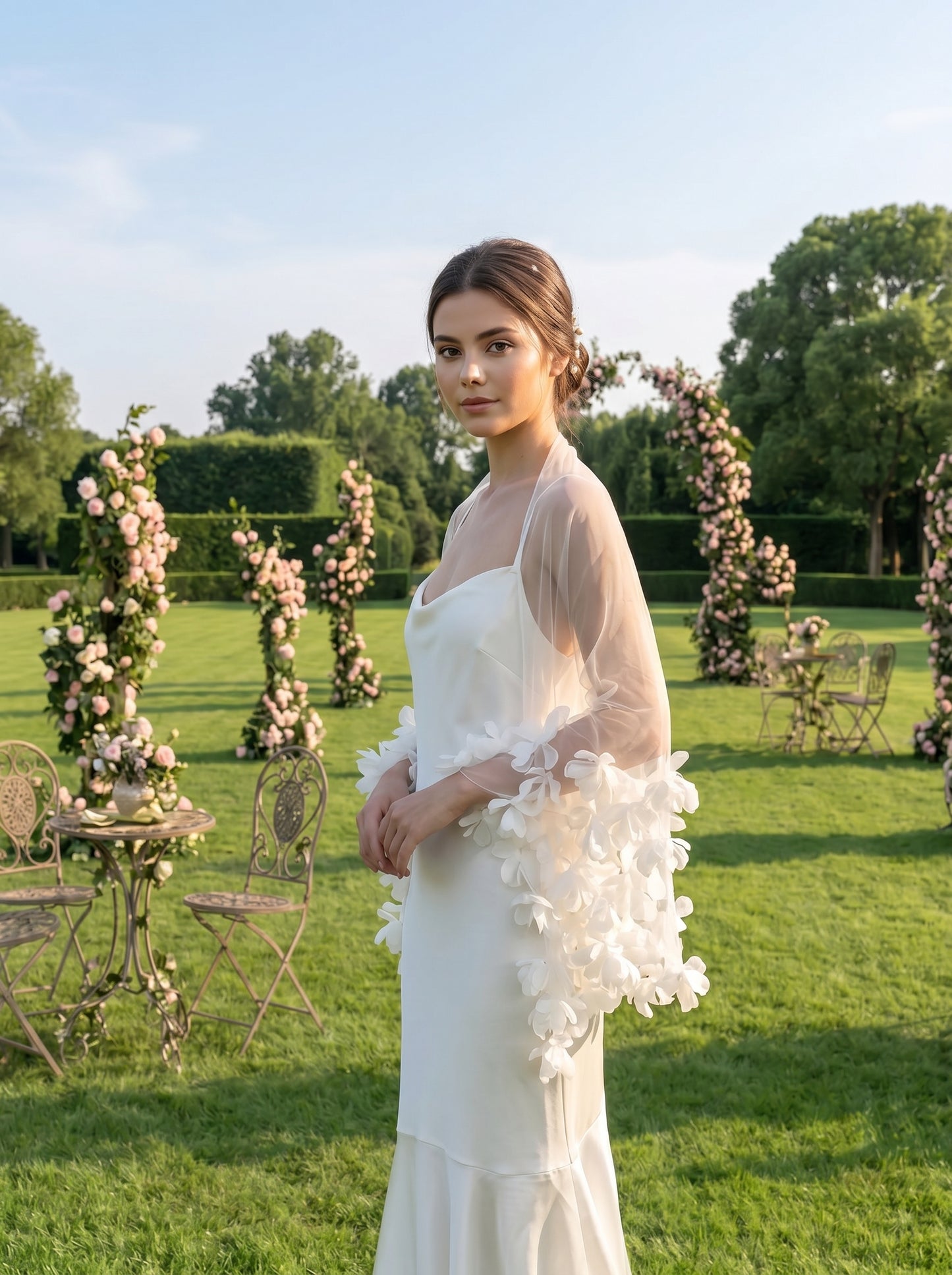 Romantic 3D Floral Applique Bridal Shawl - 160cm Illusion Mesh Wedding Capelet Lightweight Flower Border Cover Up  LUNA-X228
