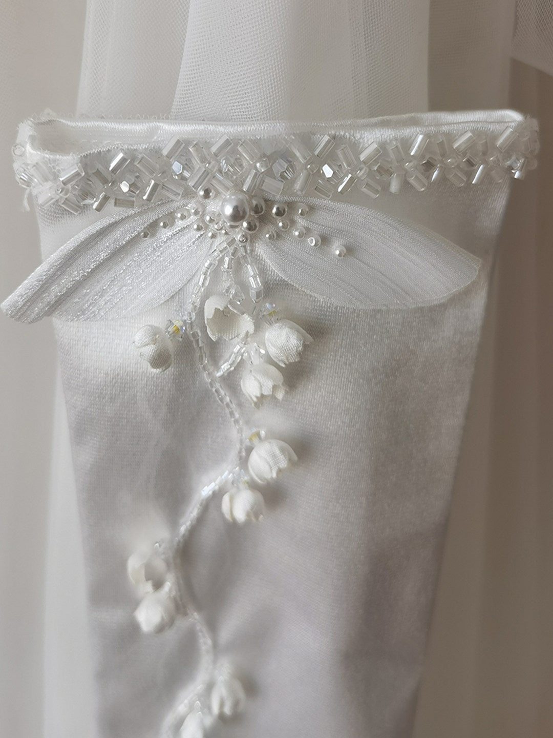 Lily of the Valley Satin Bridal Gloves - Hand-Beaded Pearl Floral Wedding Gloves - Vintage Pleated Ruffle Edge Prom & Evening Mittens (38cm/28cm) LUNA-X320