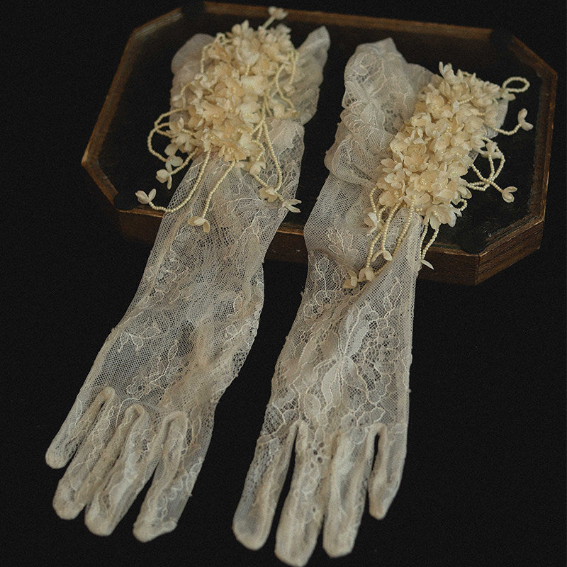 Vintage Cottagecore Lace Bridal Gloves Mid-Length 3D Floral Wedding Gloves with Cascading Beaded Tendrils | Antique Ivory Romantic Sheer Mesh Mittens | LUNA-X328