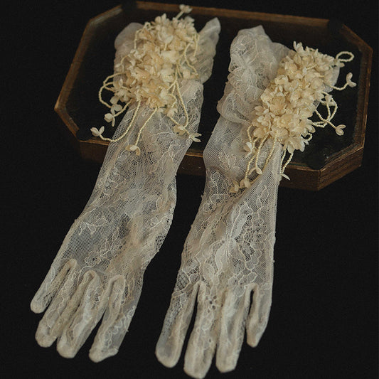 Vintage Cottagecore Lace Bridal Gloves Mid-Length 3D Floral Wedding Gloves with Cascading Beaded Tendrils | Antique Ivory Romantic Sheer Mesh Mittens | LUNA-X328