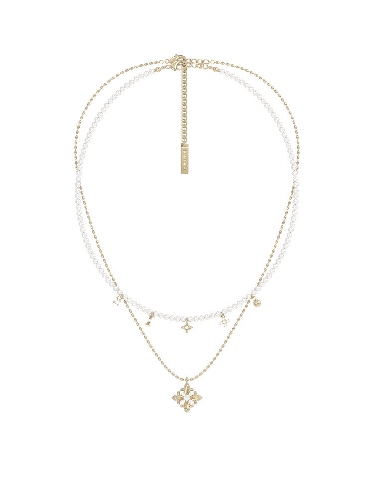Two Layer Pearl Iris Fleur-de-Lis Necklace for Women Vintage Star Sun Zircon Pendant Dainty Stackable Bridal Jewelry Gift  LUNA-X246