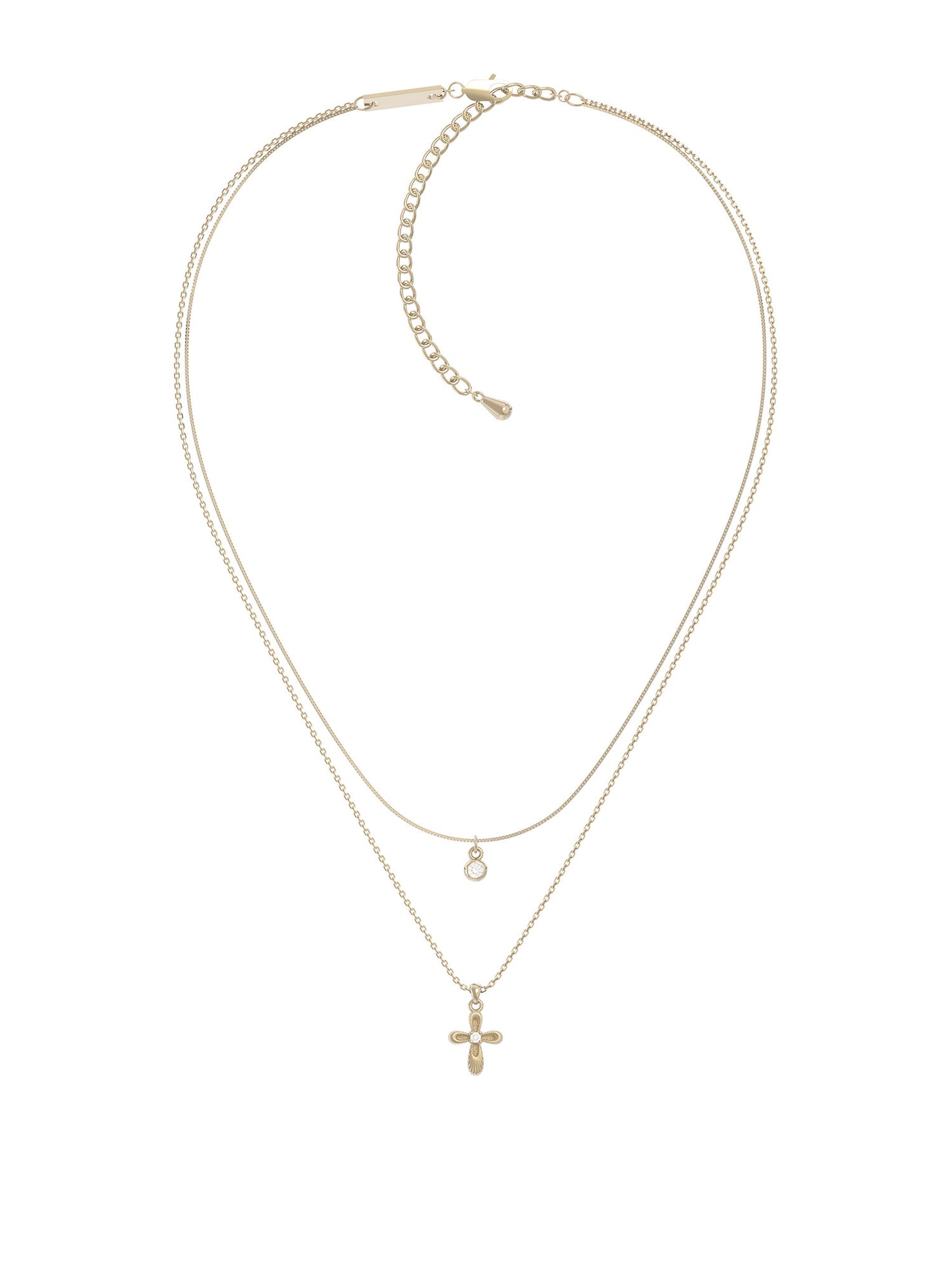 Two Layer Textured Cross & Single CZ Bezel Pendant Necklace, Dainty Stackable Adjustable Chain for Women  LUNA-X254