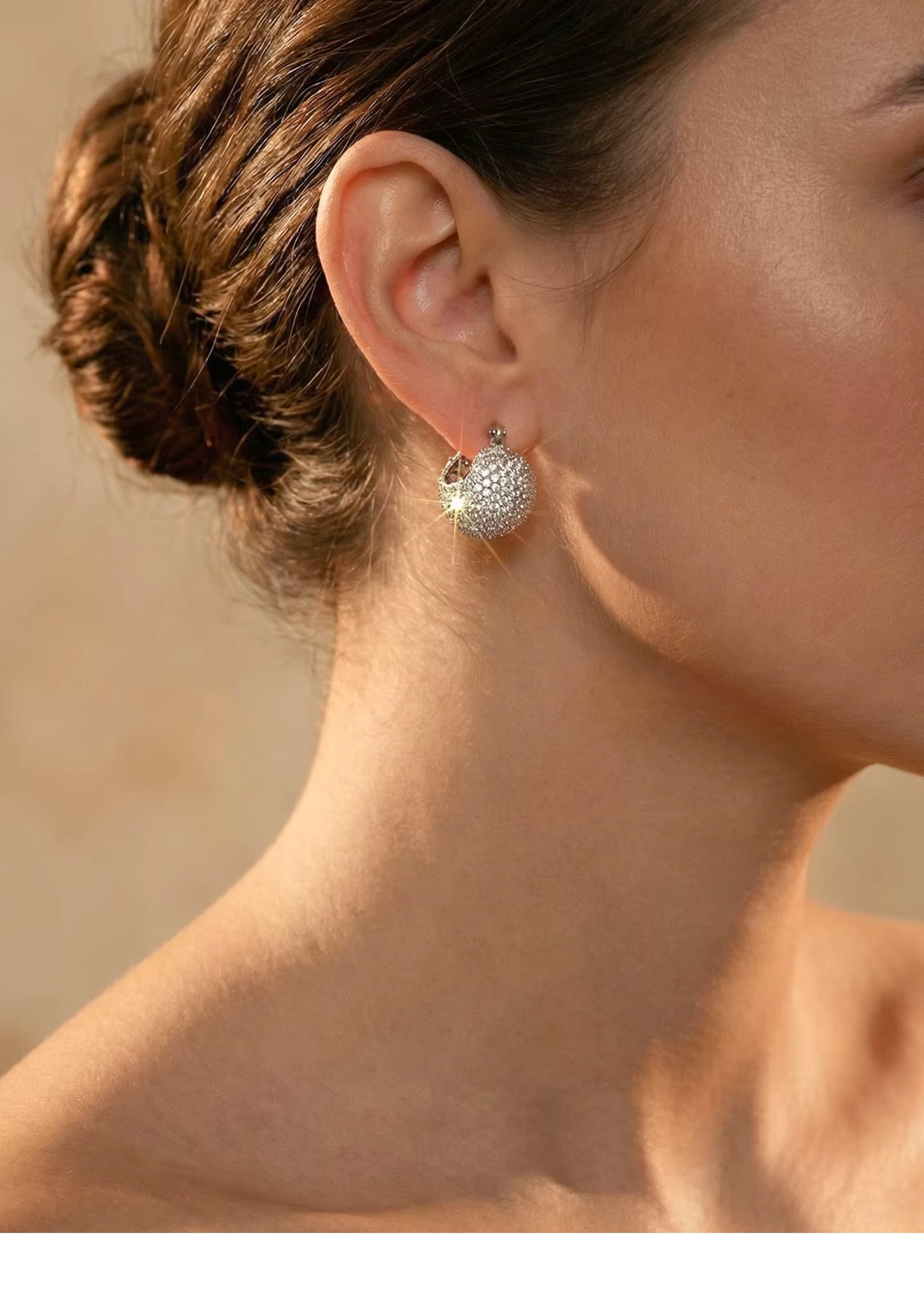 Sparkling Iced Out Disco Sphere Huggies, Full Pave Cubic Zirconia Chunky Dome Statement Crystal Hoop Earrings for Women LUNA-X304