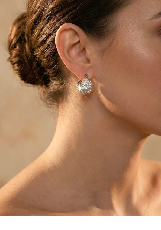 Sparkling Iced Out Disco Sphere Huggies, Full Pave Cubic Zirconia Chunky Dome Statement Crystal Hoop Earrings for Women LUNA-X304