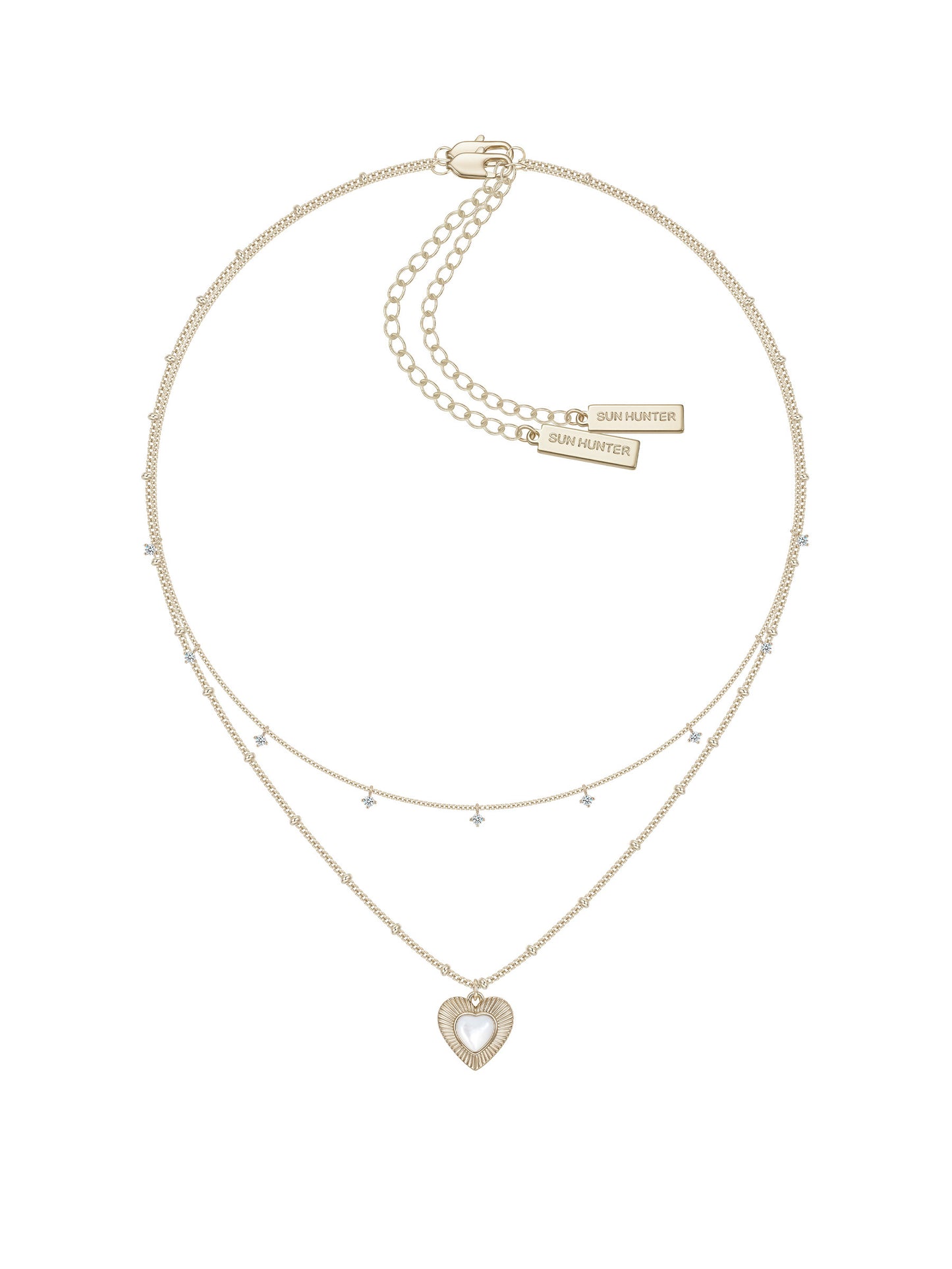 Two-Layer Star CZ & Sunburst Heart Mother of Pearl Pendant Necklace, Pale Titanium Gold Stackable Adjustable Chain for Women  LUNA-X255